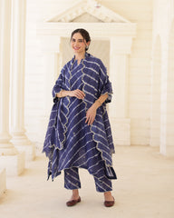 Indigoire Royal blue Chanderi Hand Dyed Leheriya Kurta Set with Zari Aari Embroidery