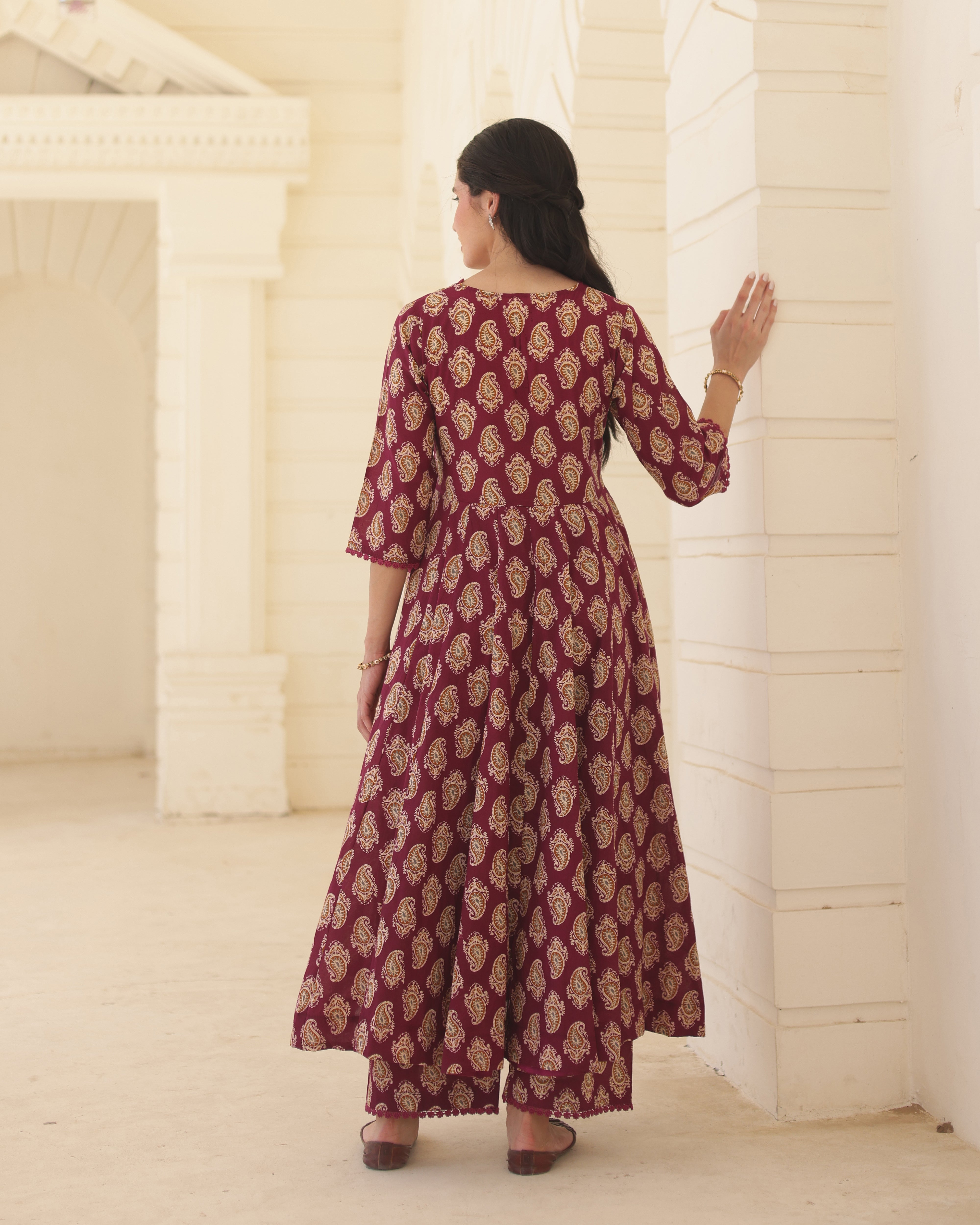 Royal Paisley Handblock Cotton Anarkali Suit Set with Kota Doria Dupatta