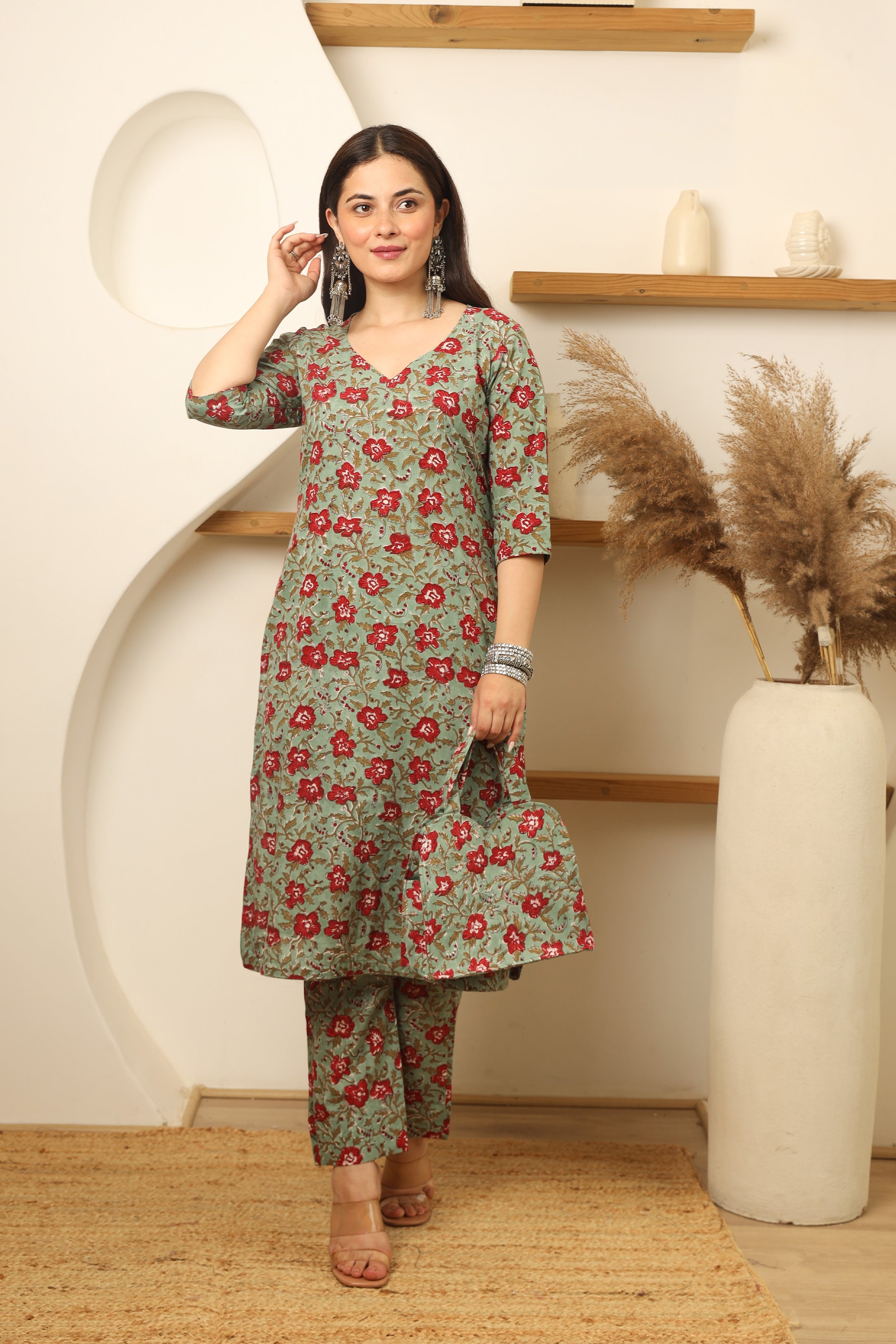 Green Red Flowery Cotton Handblock Print Suit Set Asrumo