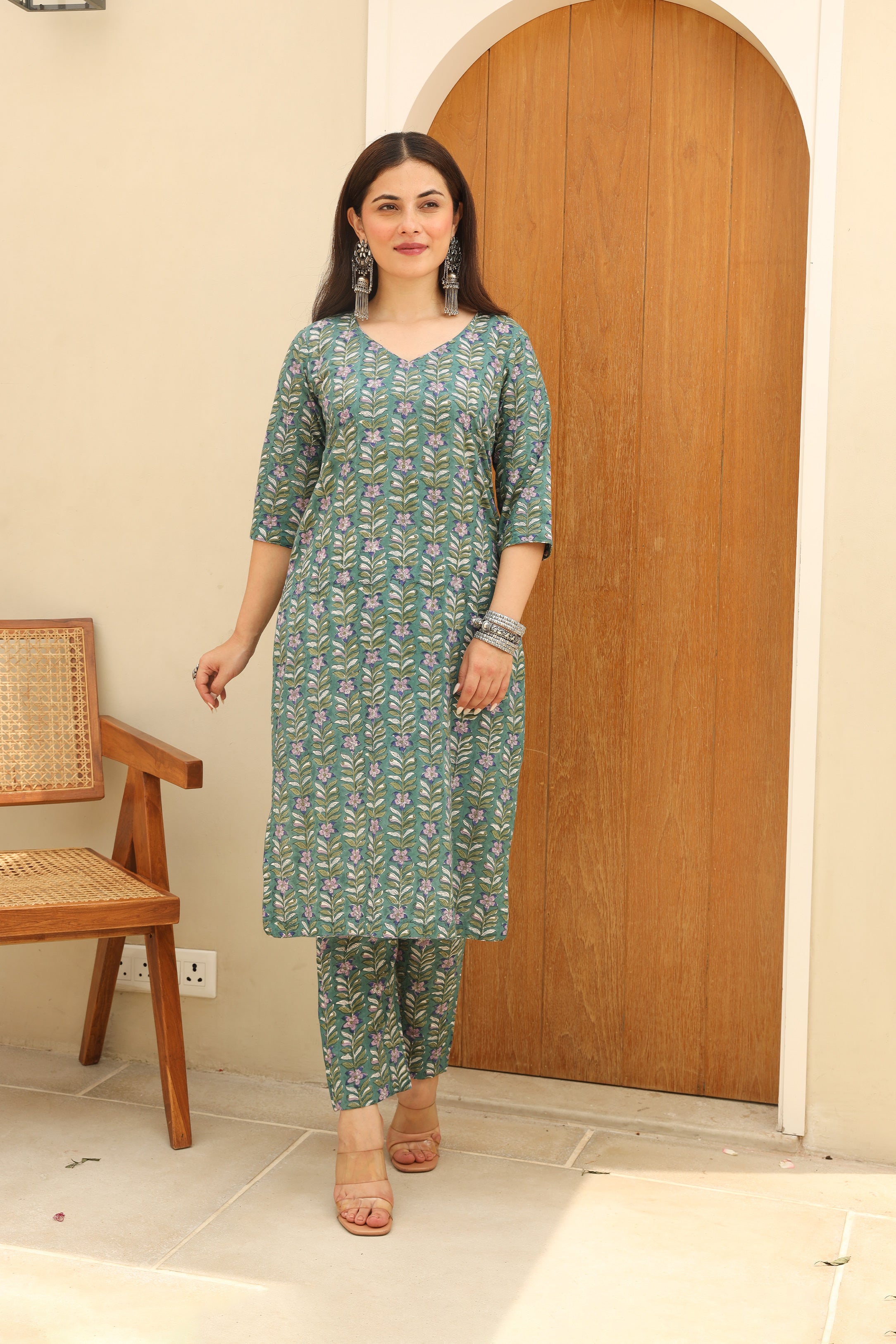 Pine Green Flowery Cotton Handblock Print Suit Set Asrumo