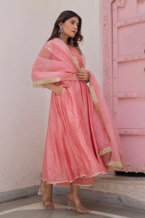 Pink Chanderi Zari work Anarkali with organza dupatta