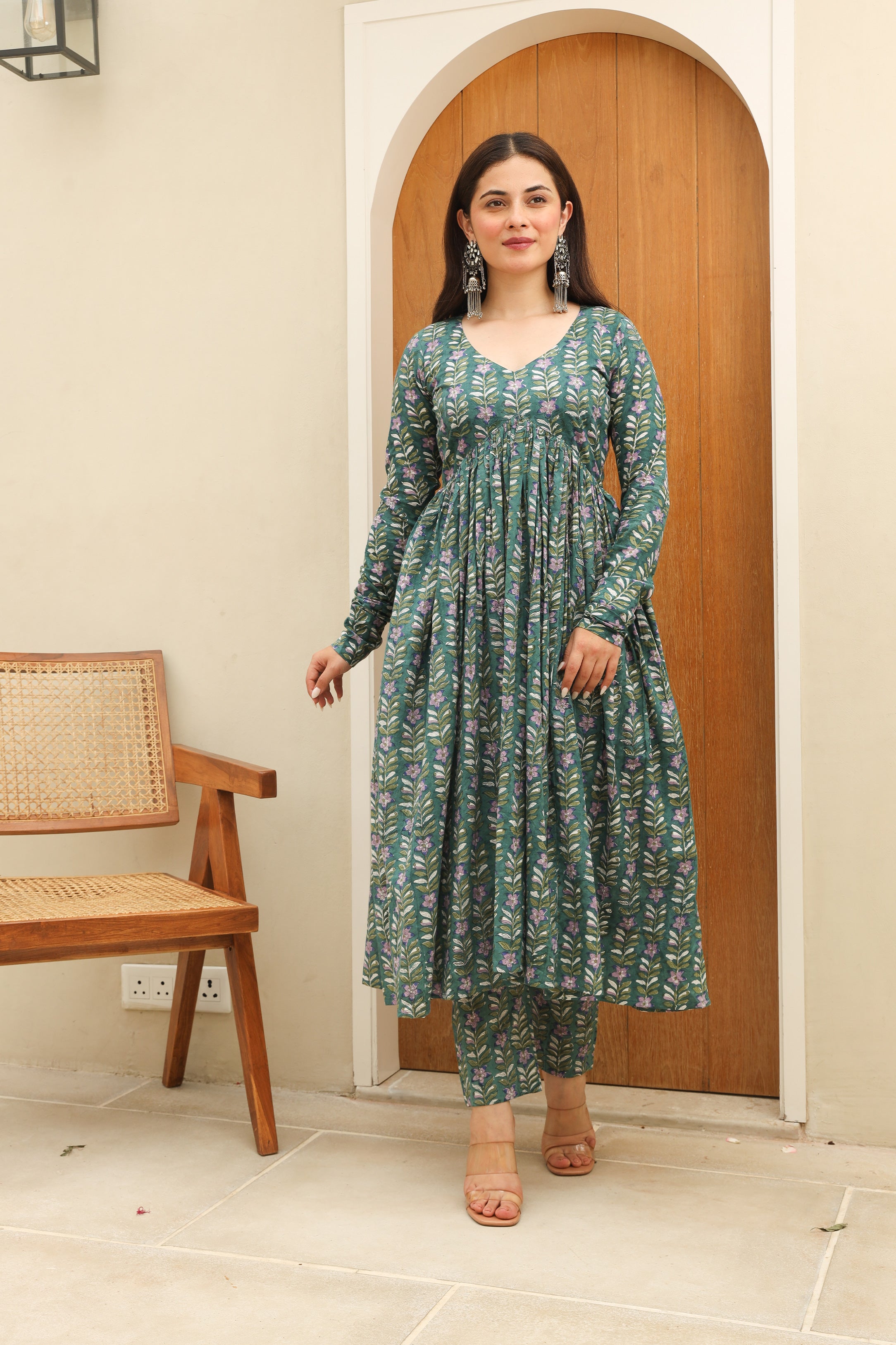 Pine green Cotton Handblock Anarkali Suit Set Asrumo