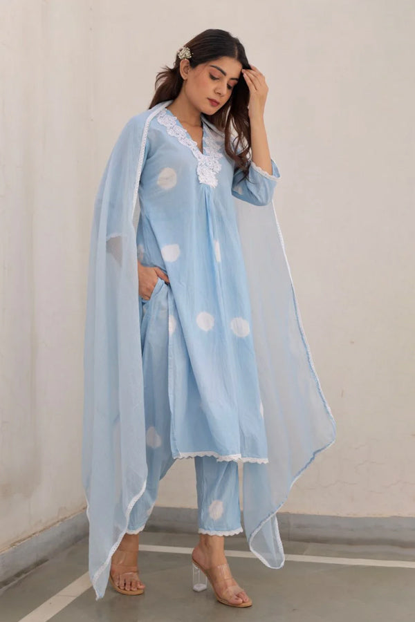 Blue Cotton Tie & Dye White Lace Straight Set with Doriya Dupatta