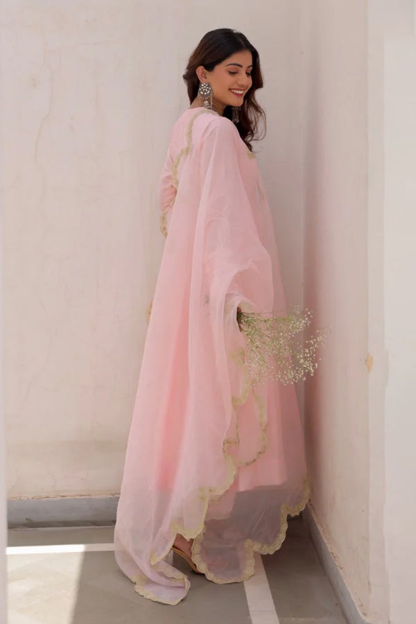 Pink Anarkali With Zari work organza dupatta