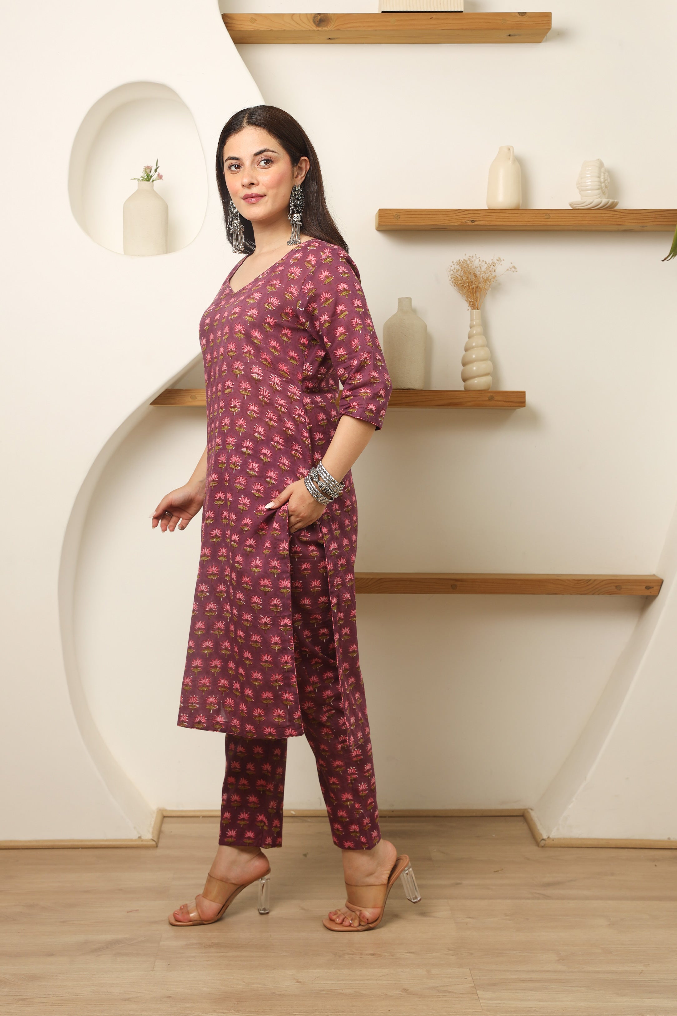 Plum Flowery Cotton Handblock Print Suit Set Asrumo