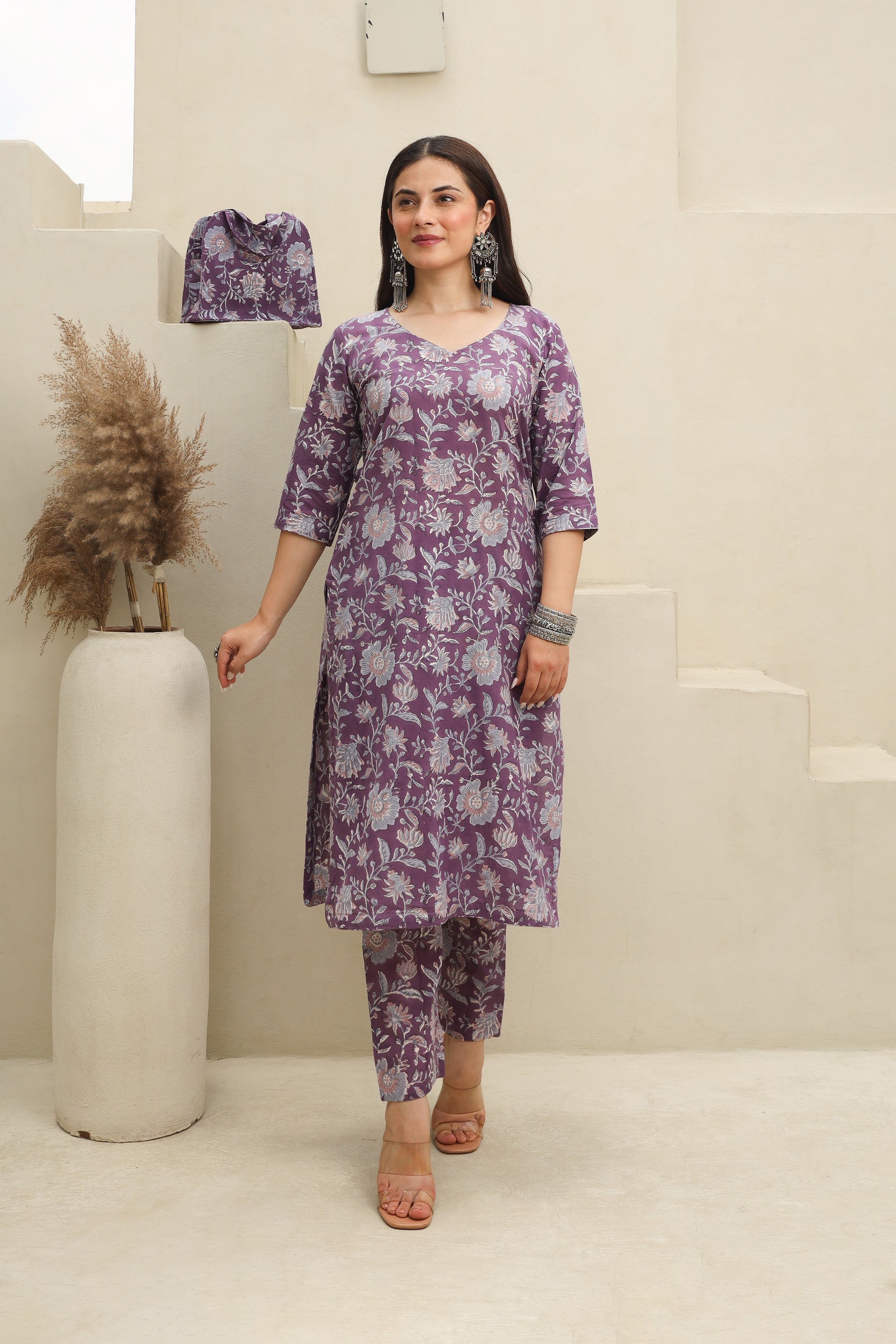 Purple Flowery Cotton Handblock Print Suit Set Asrumo