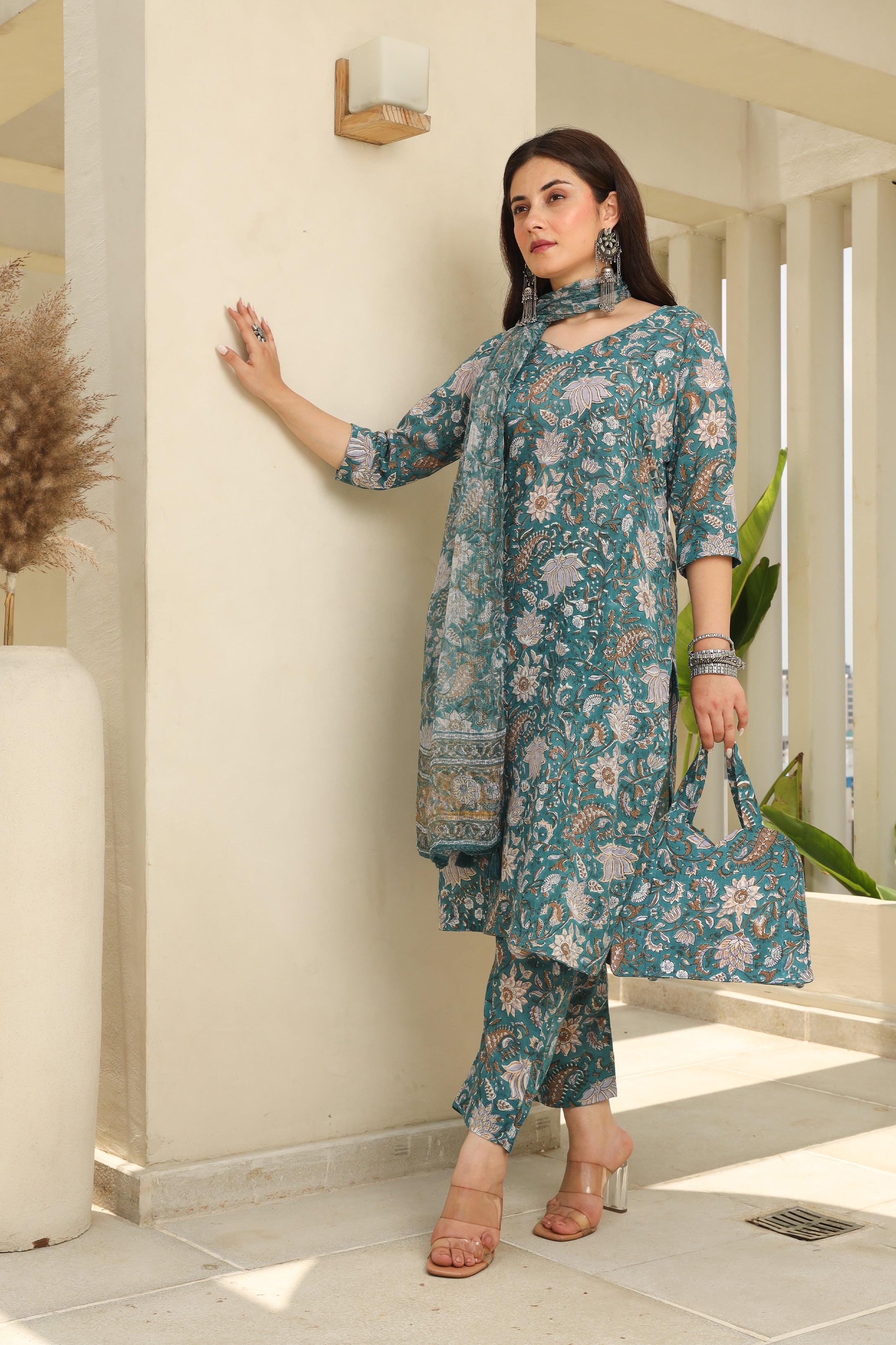 Sea Green Flowery Cotton Handblock Print Suit Set Asrumo