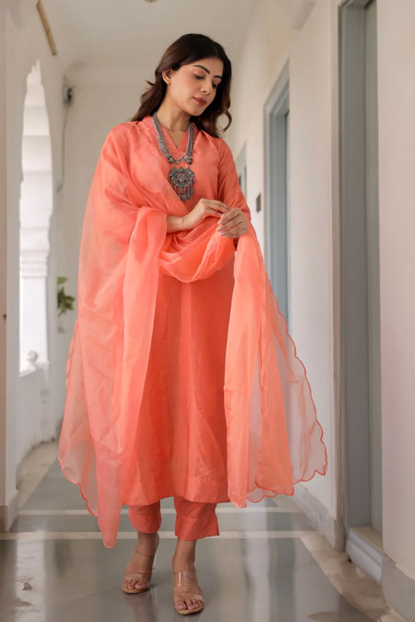 Orange Muslin Straight Set With Organza Dupatta