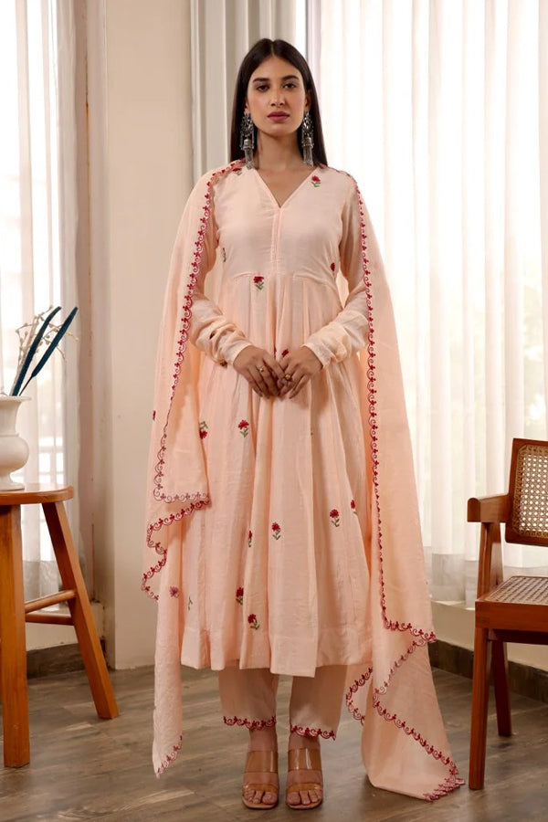 Chanderi peach embroidered anarkali set