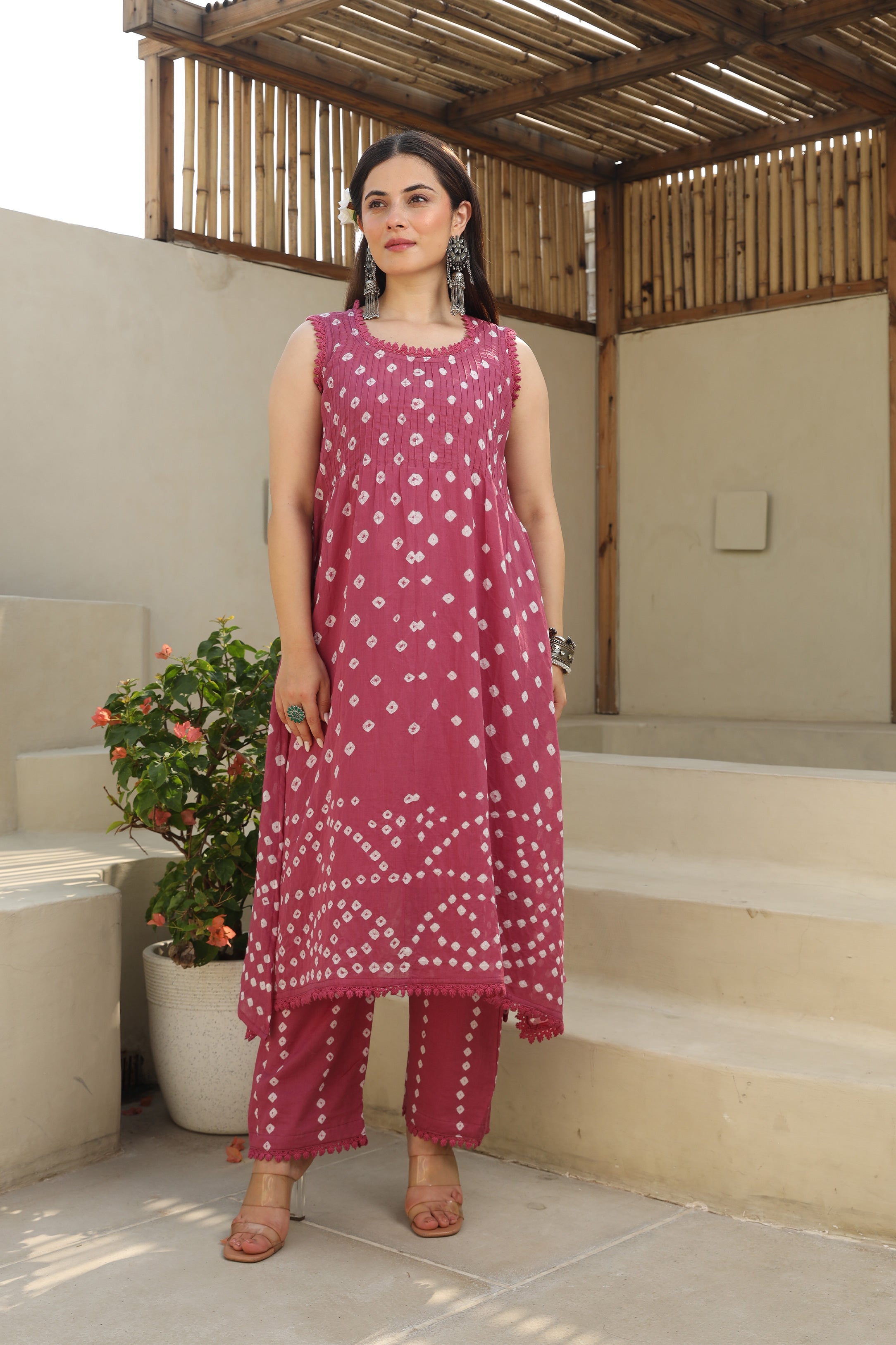 Blush Blossom Mulmul Cotton Hand Tie and Dye Bhandhej A-line Kurta Set Asrumo