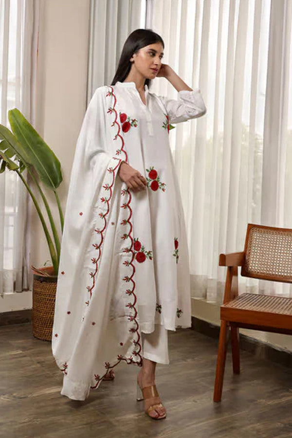 White Muslin Red Flower Embroidered A-Line Straight Set