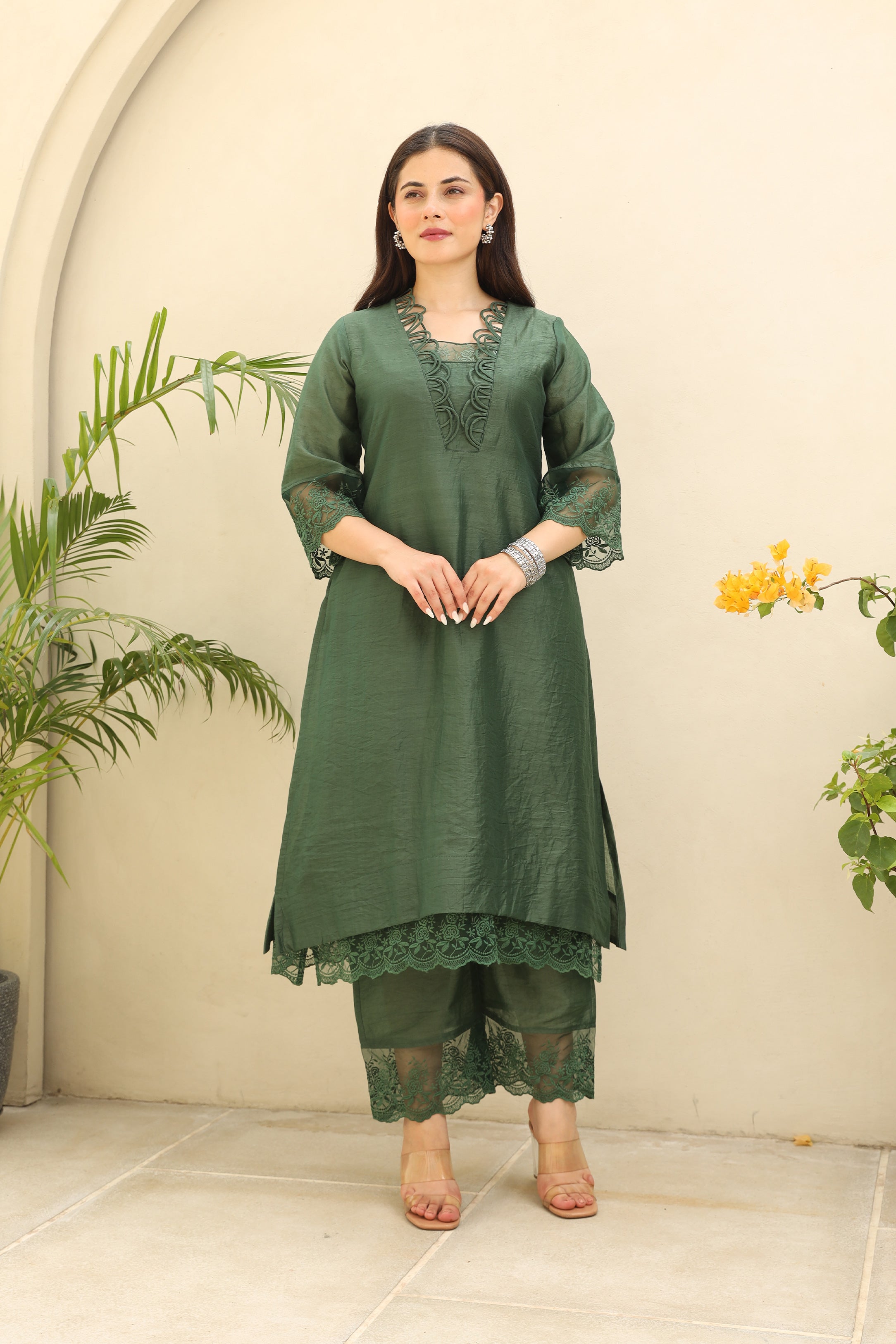 Emerald Elegance Chanderi fabric suit set Asrumo