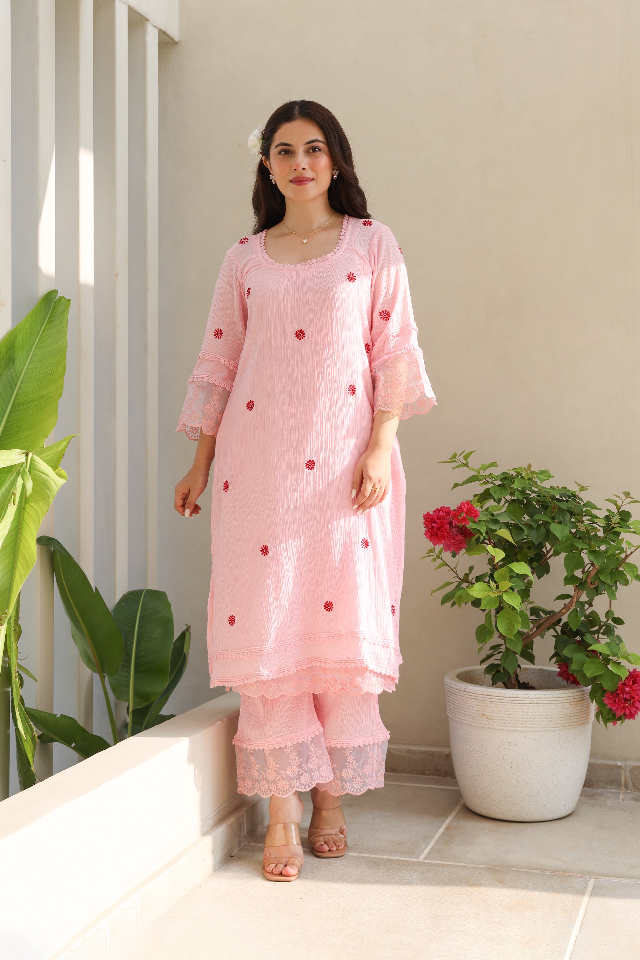 Floral Elegance Pink Cotton Gauze Kurta Set with Kota Doriya Dupatta Asrumo