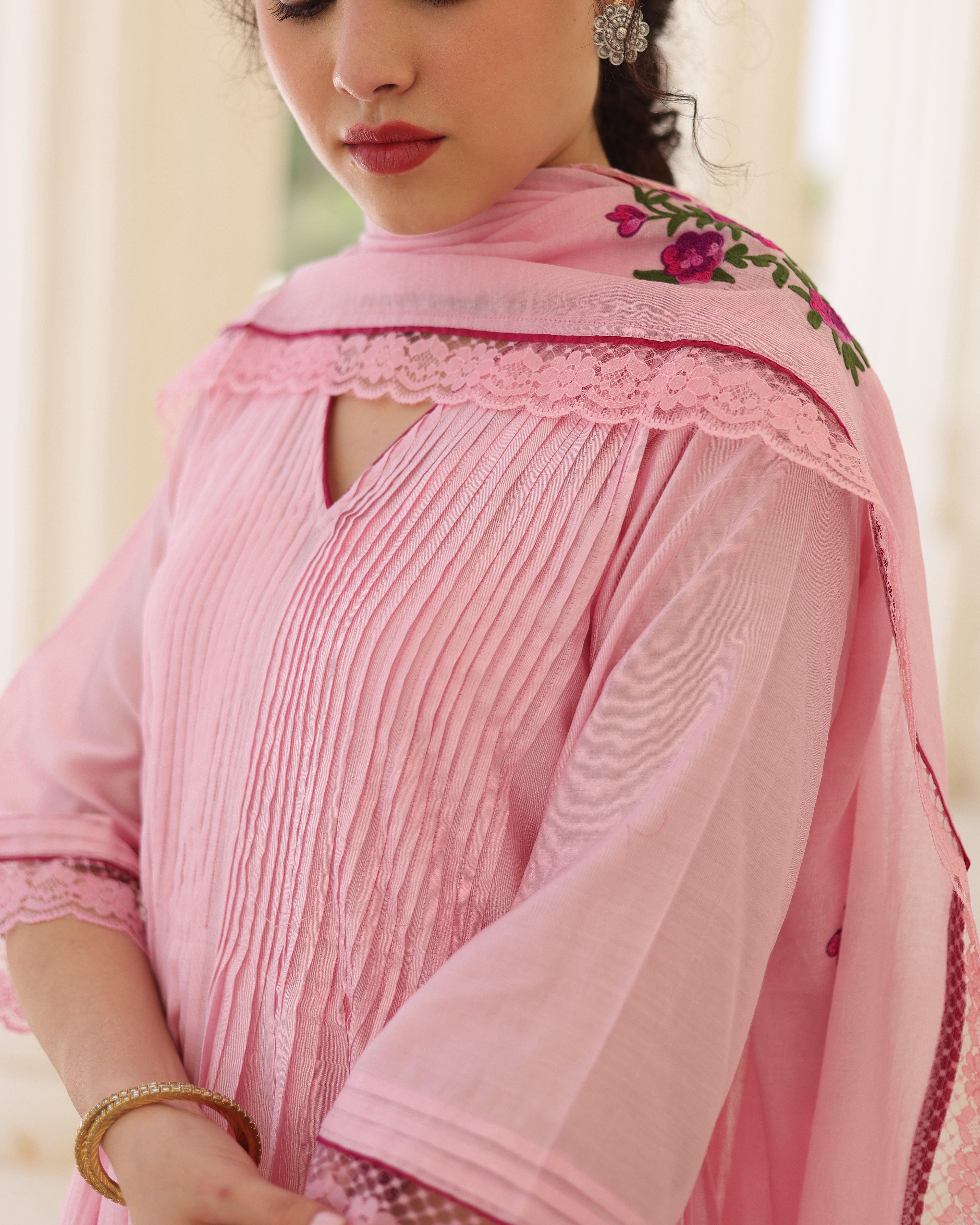 Roselle Blush Pink Chanderi Aari Embroidered Kurta Palazzo Set with Floral Dupatta