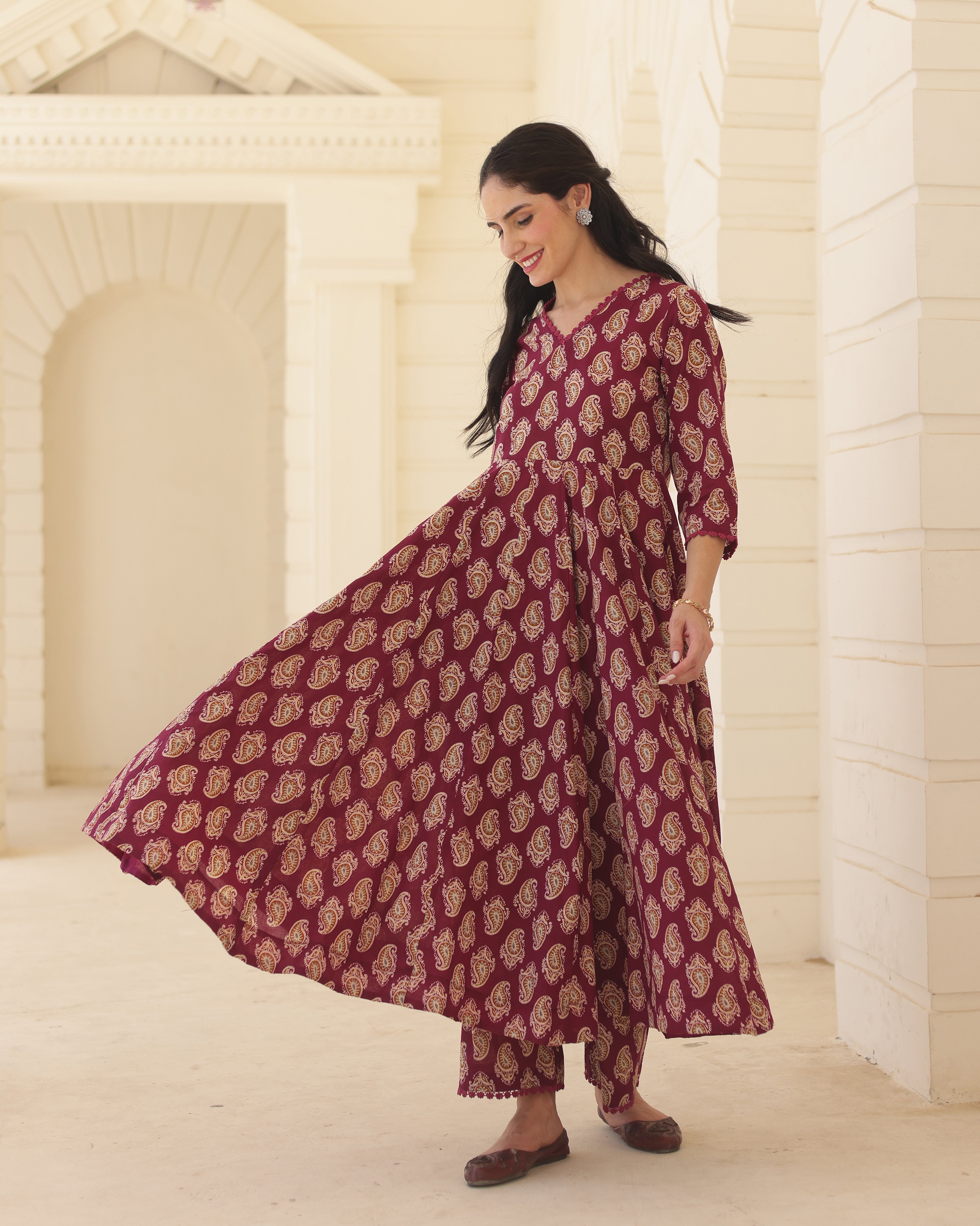 Royal Paisley Handblock Cotton Anarkali Suit Set with Kota Doria Dupatta