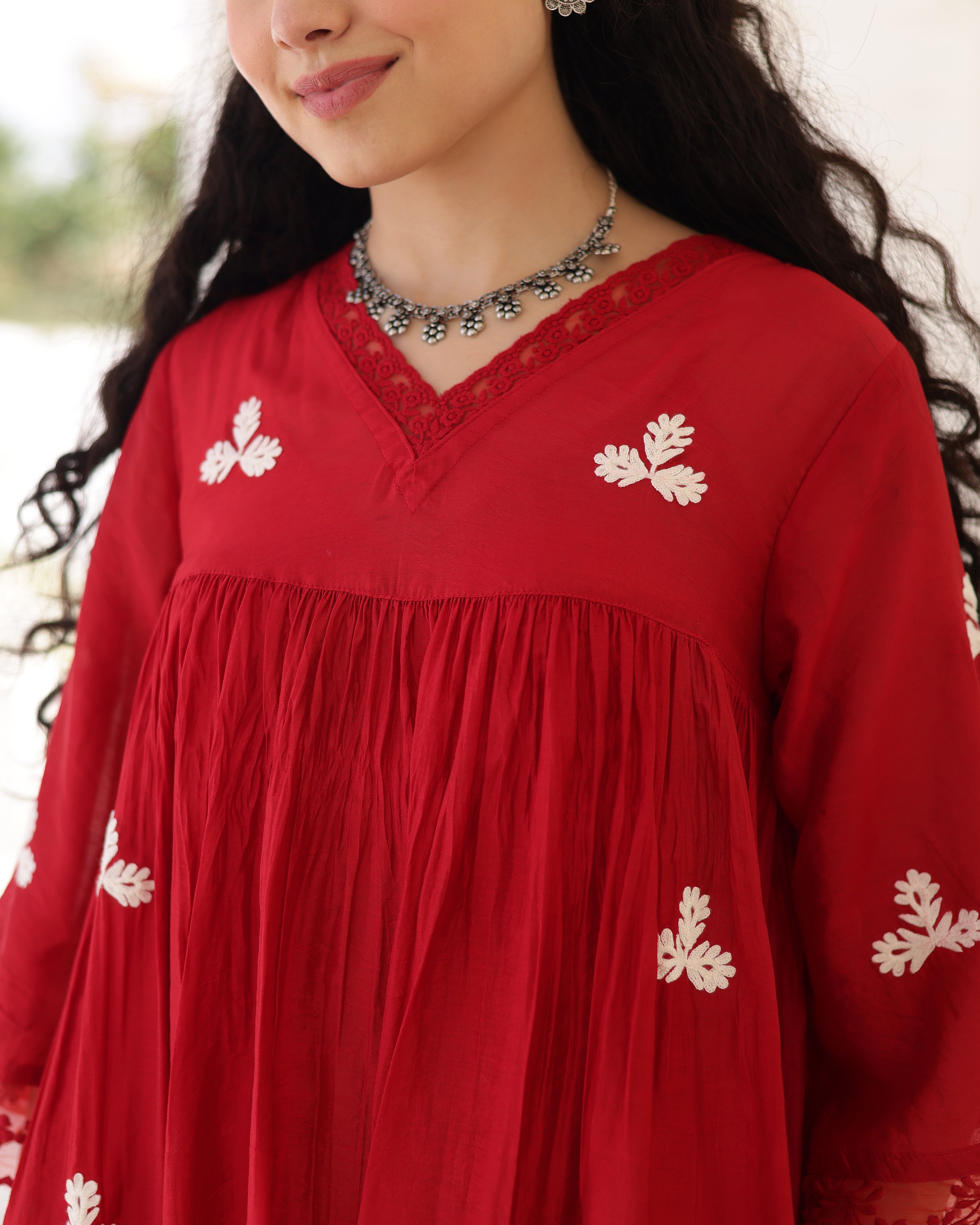 Rouge Ruby Red Chanderi Aari Embroidered Kurta Palazzo Set with Dupatta