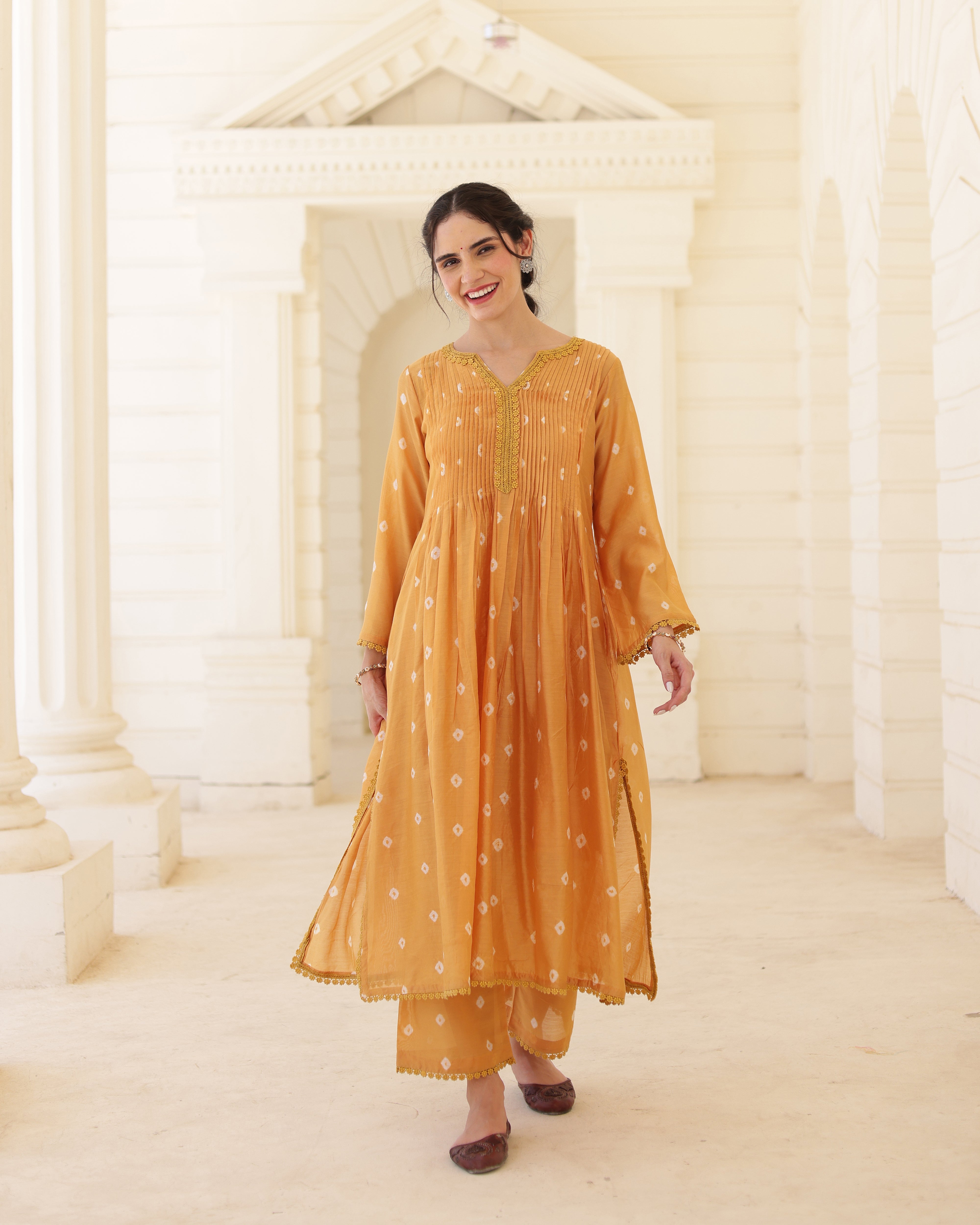 Solara Mustard Yellow Chanderi Hand Bandhej Suit Set with Dupatta