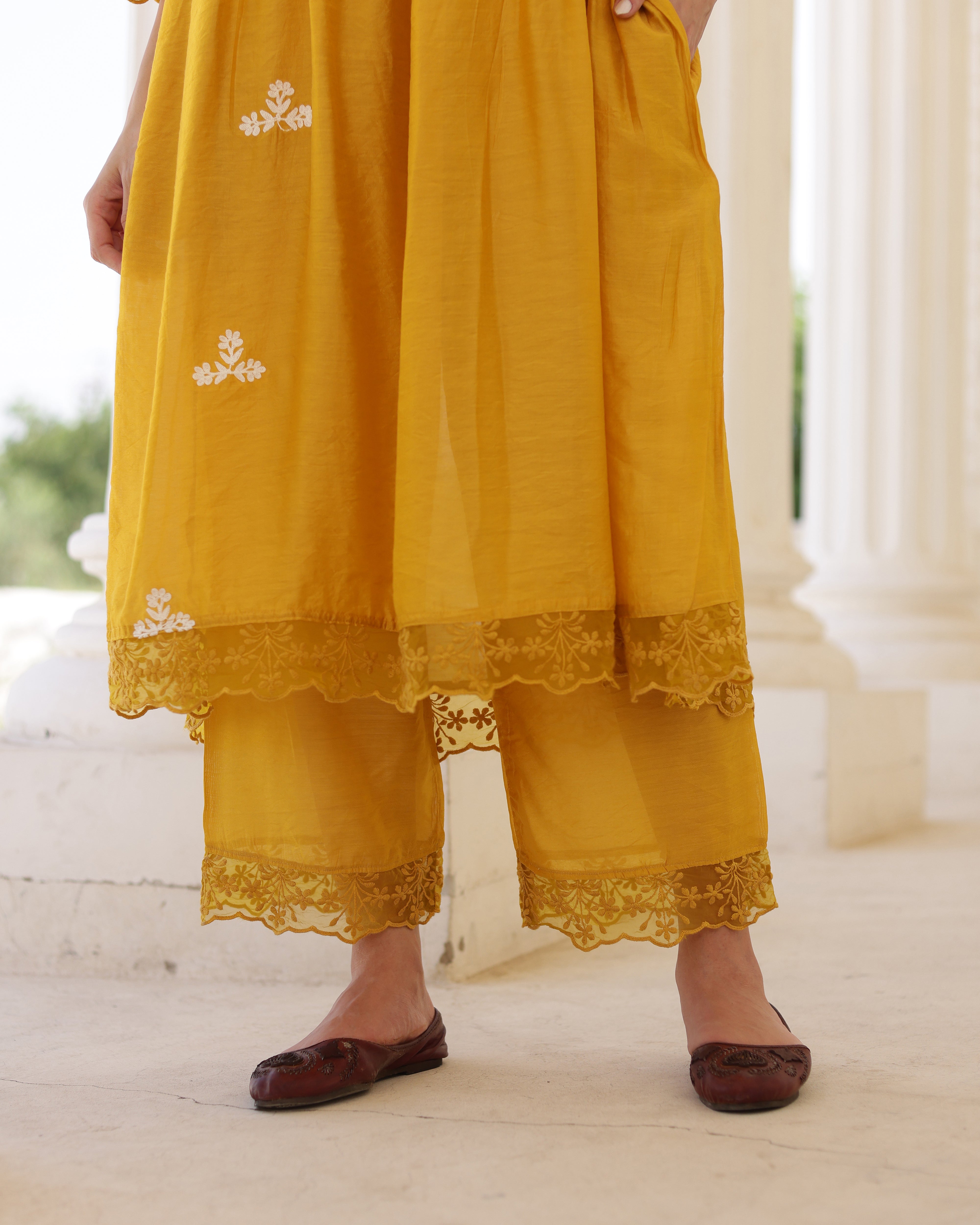 Solea Golden Chanderi Aari Embroidered Kurta Palazzo Set with Lace Dupatta