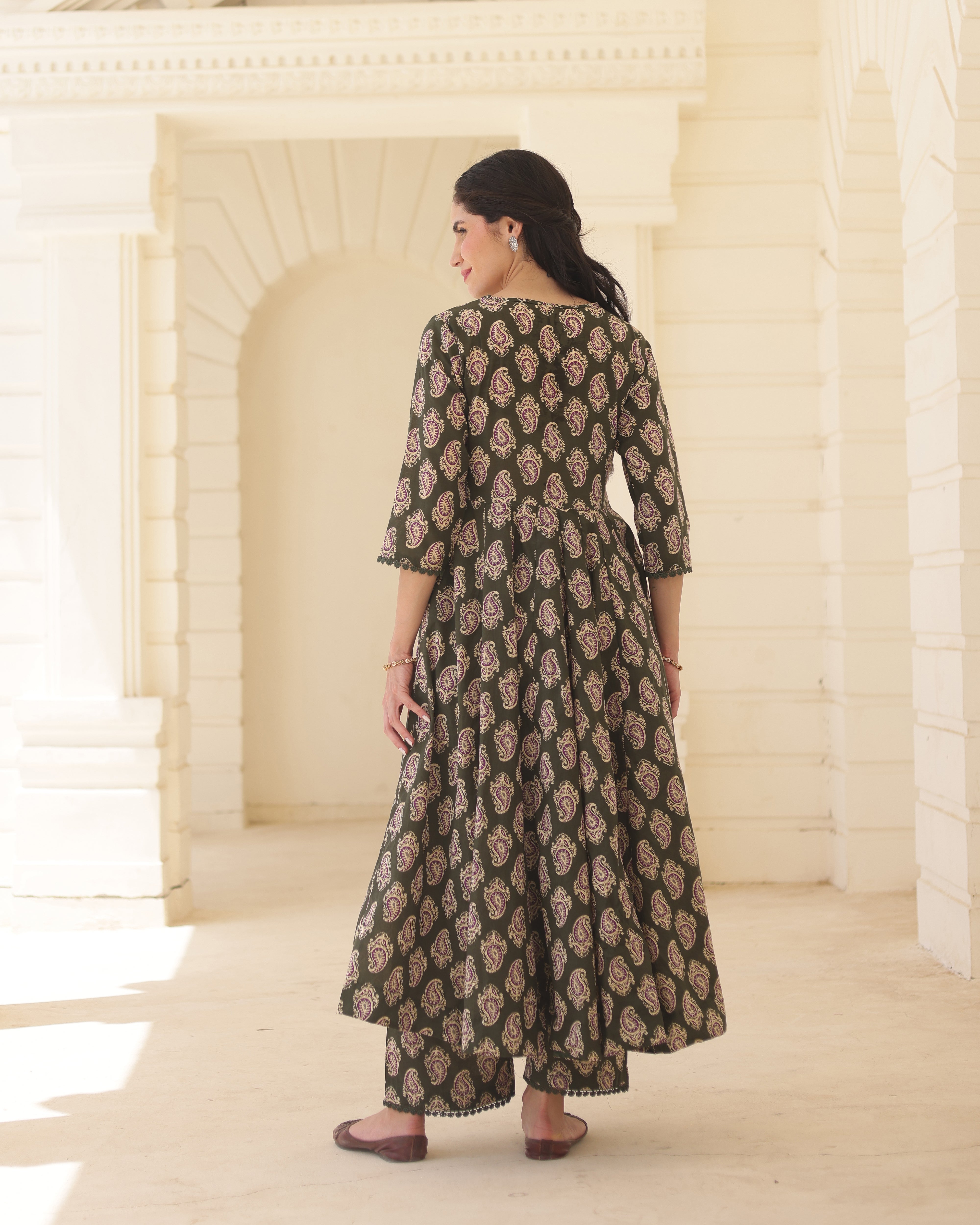 Handblock Olive paisley Green Cotton Anarkali Suit Set with Kota Doria Dupatta