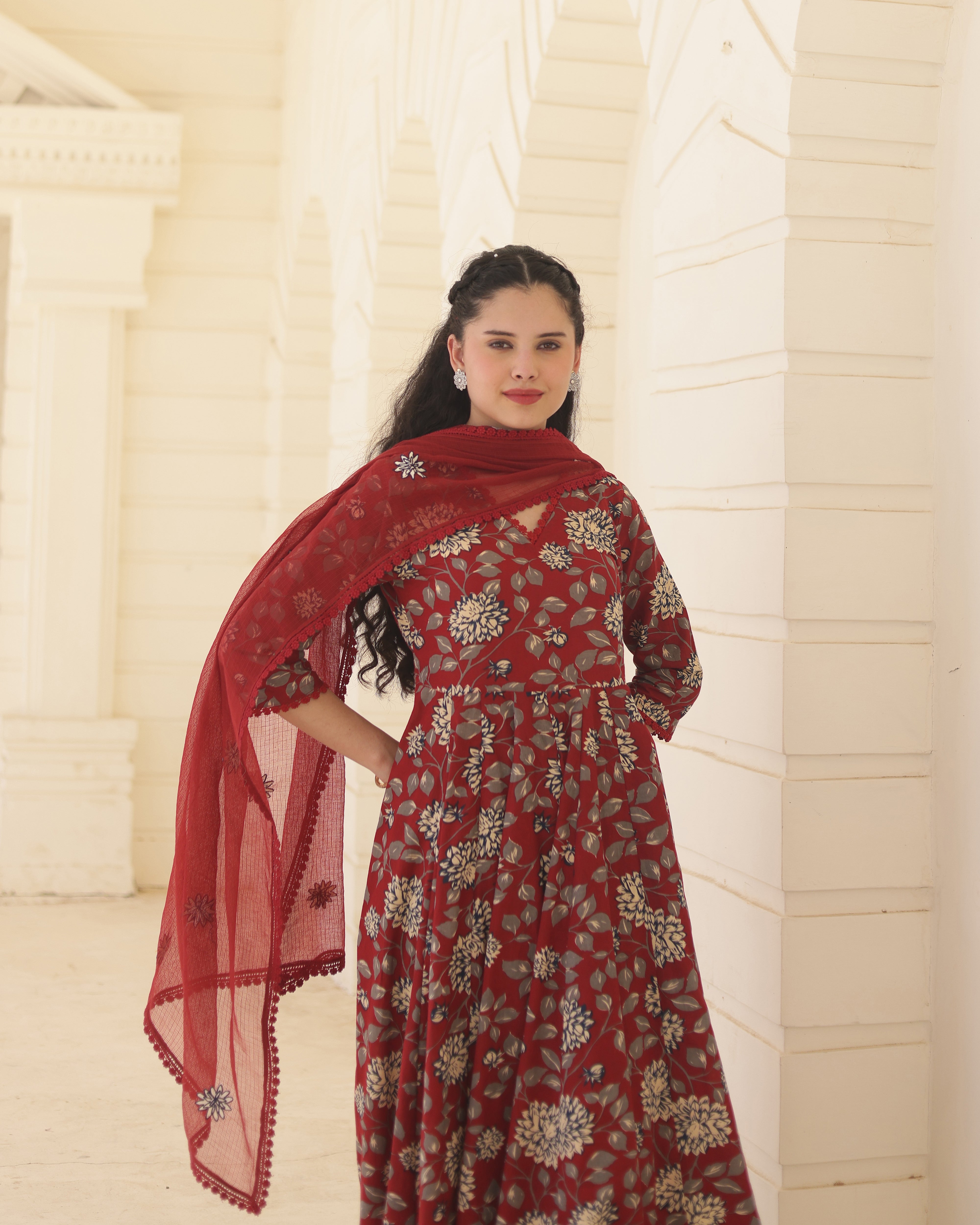 Handblock Crimson Cotton Anarkali Suit Set with Kota Doria Dupatta