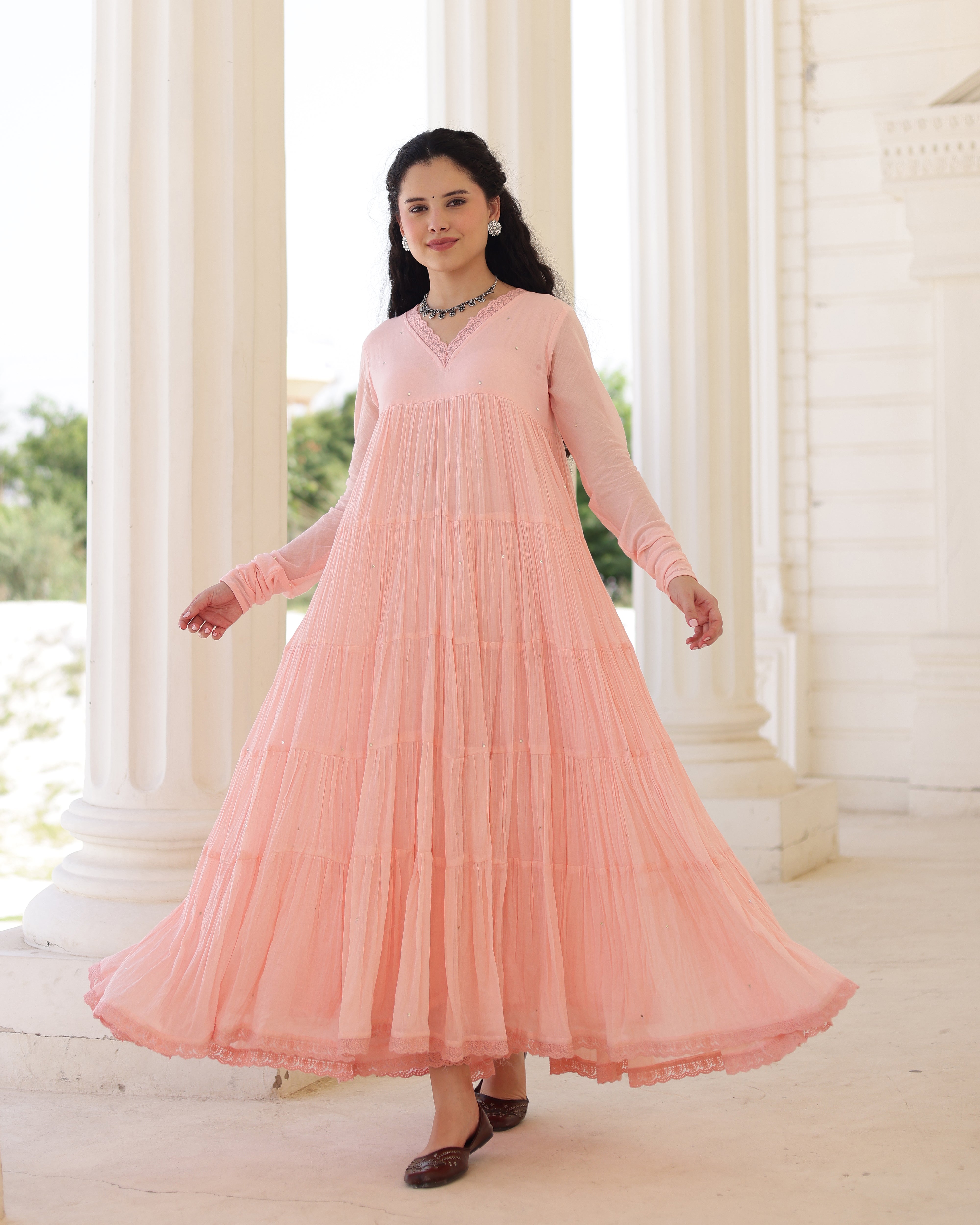 Roselle Blush Peach Cotton Mulmul Tiered Anarkali Suit Set with Dupatta