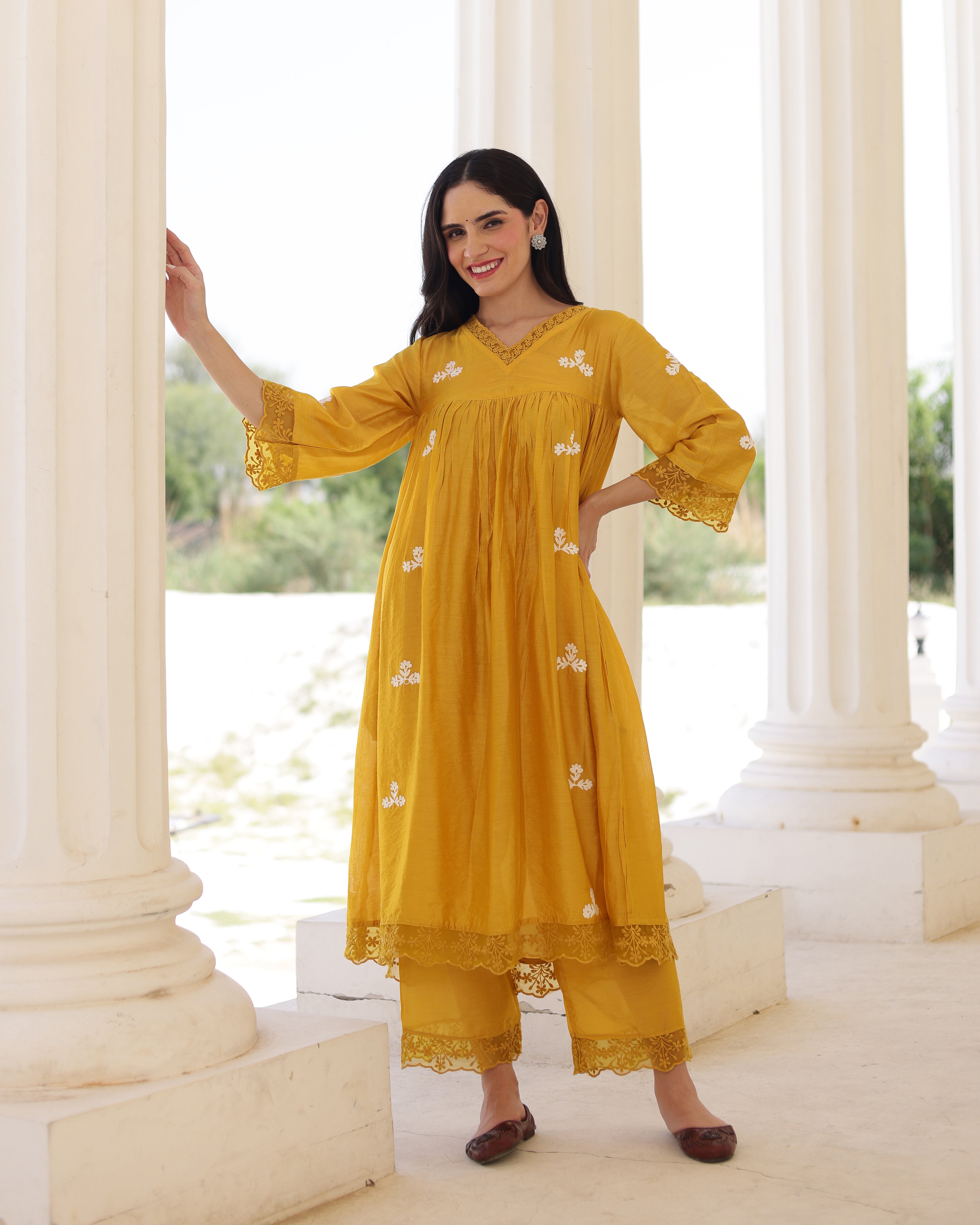Solea Golden Chanderi Aari Embroidered Kurta Palazzo Set with Lace Dupatta
