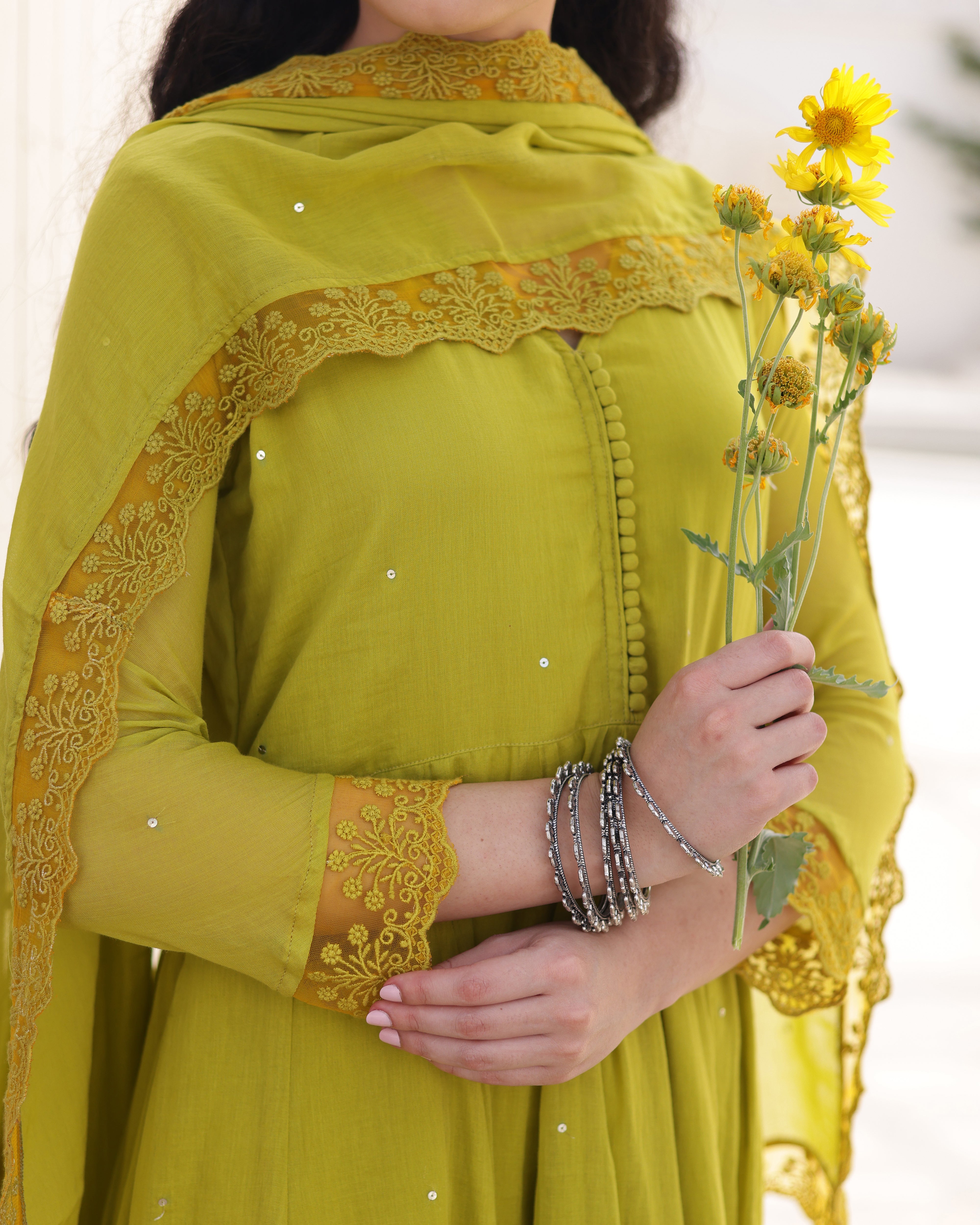 Zariya Pistachio Cotton Mulmul Taari Embroidered Anarkali Suit Set