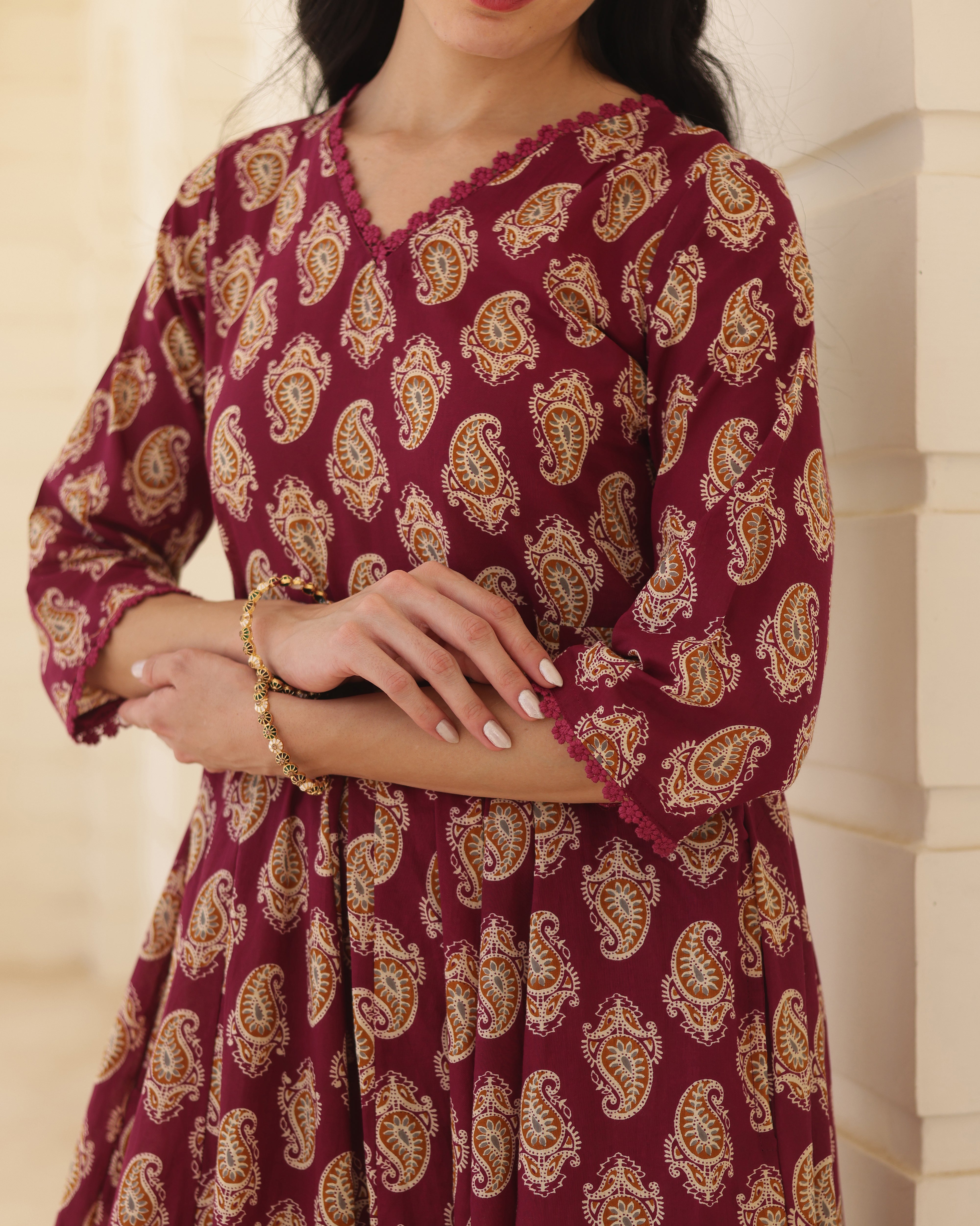 Royal Paisley Handblock Cotton Anarkali Suit Set with Kota Doria Dupatta