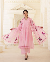 Roselle Blush Pink Chanderi Aari Embroidered Kurta Palazzo Set with Floral Dupatta