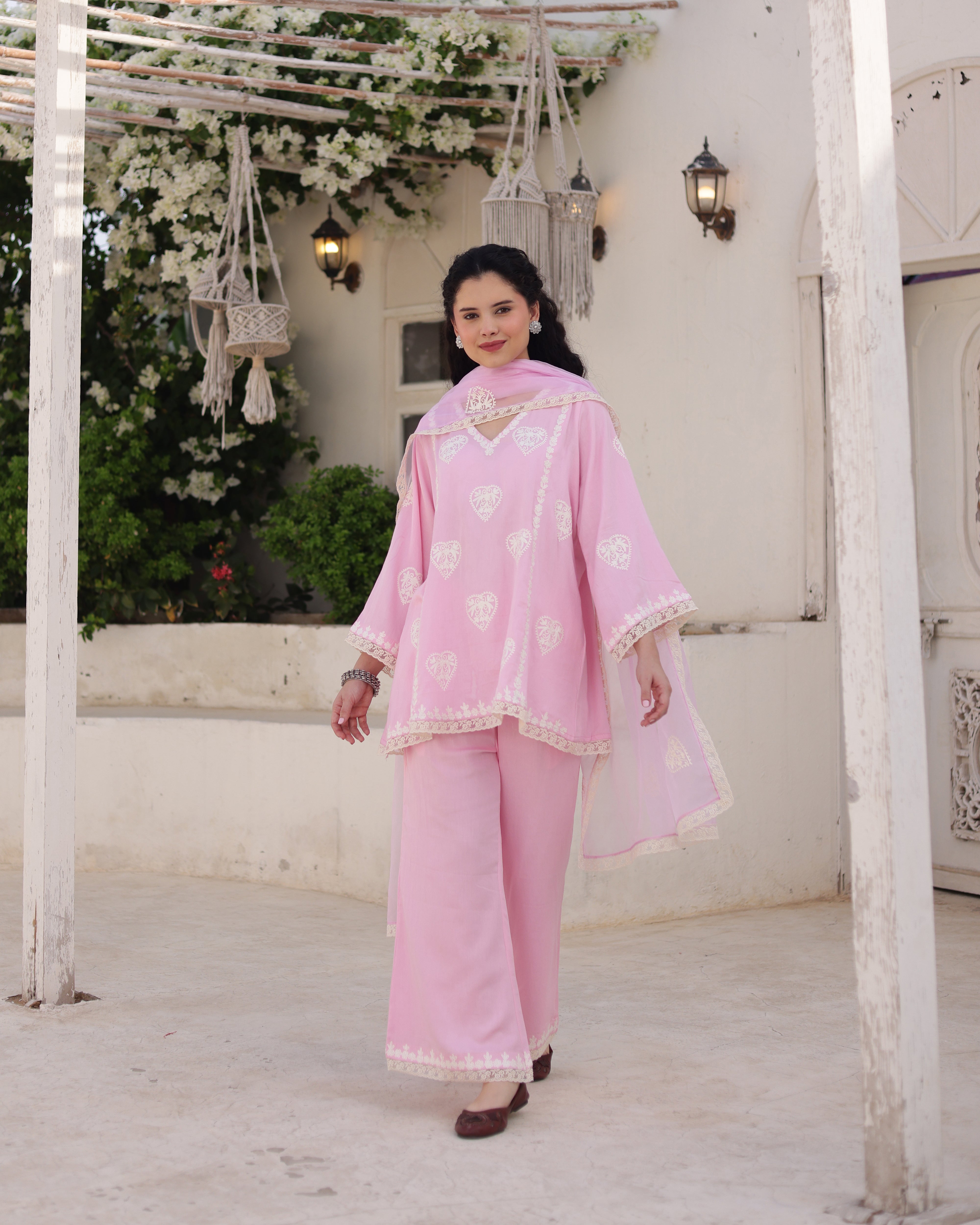 Gulzaar Blush Pink Cotton Satin Aari Embroidered Kurta Palazzo Set