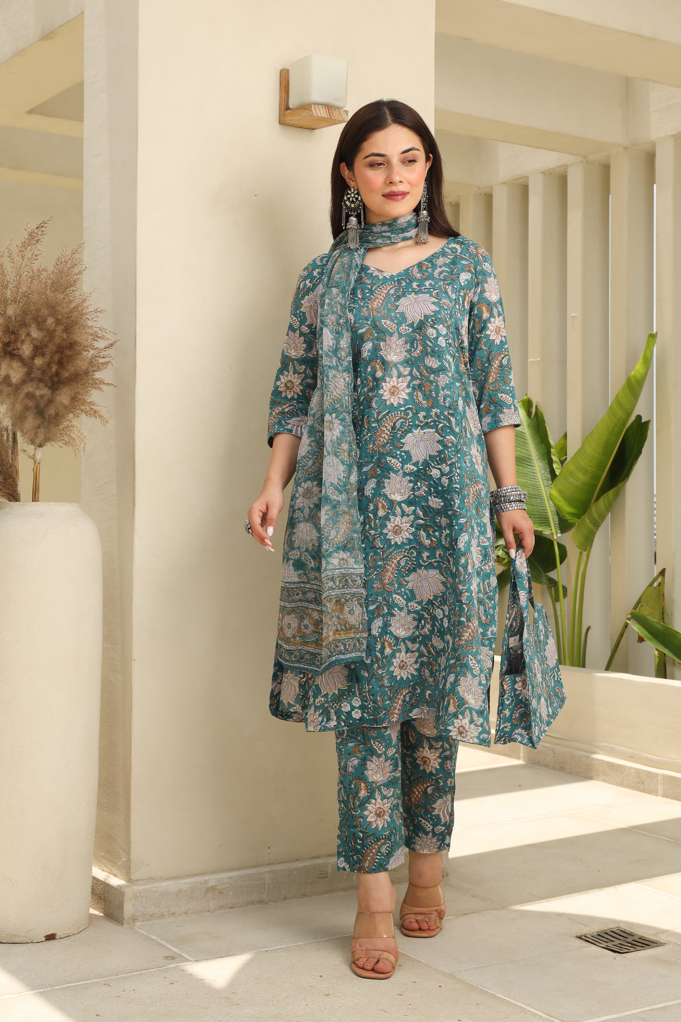 Sea Green Flowery Cotton Handblock Print Suit Set Asrumo