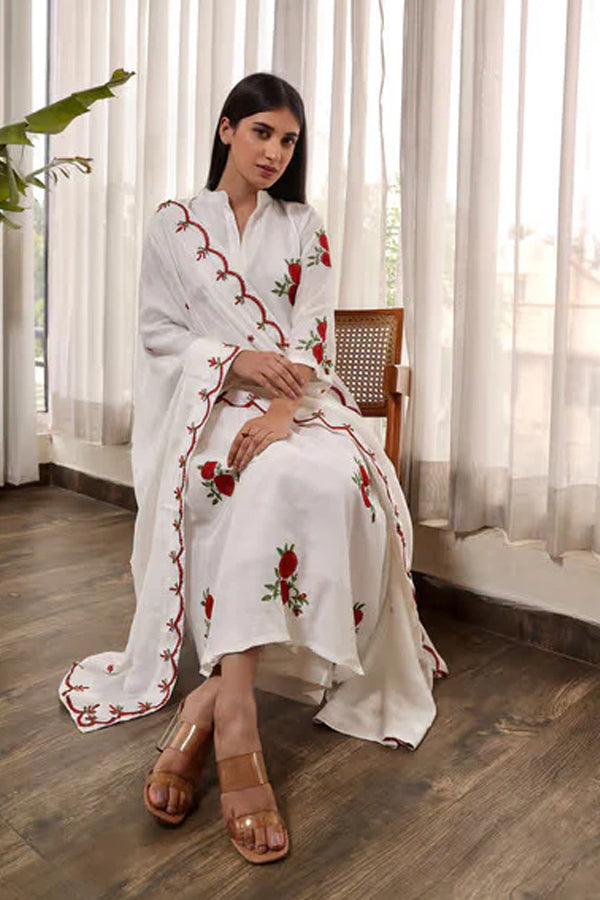 White Muslin Red Flower Embroidered A-Line Straight Set