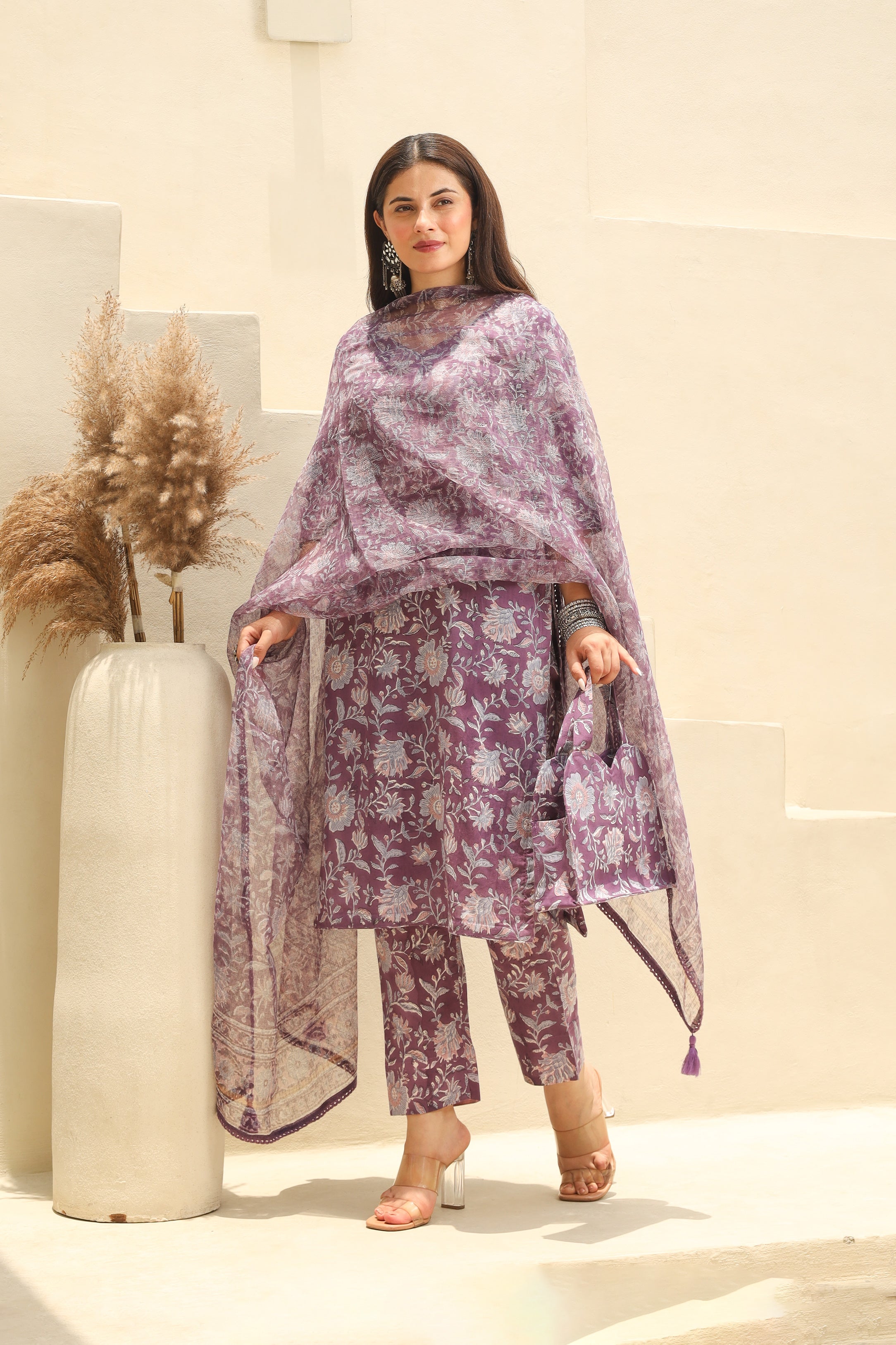 Purple Flowery Cotton Handblock Print Suit Set Asrumo