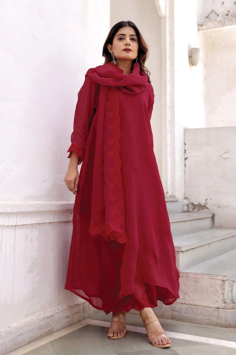 Red Hand Aari Embroidery Viscose Organza Three Kali Kurta Set