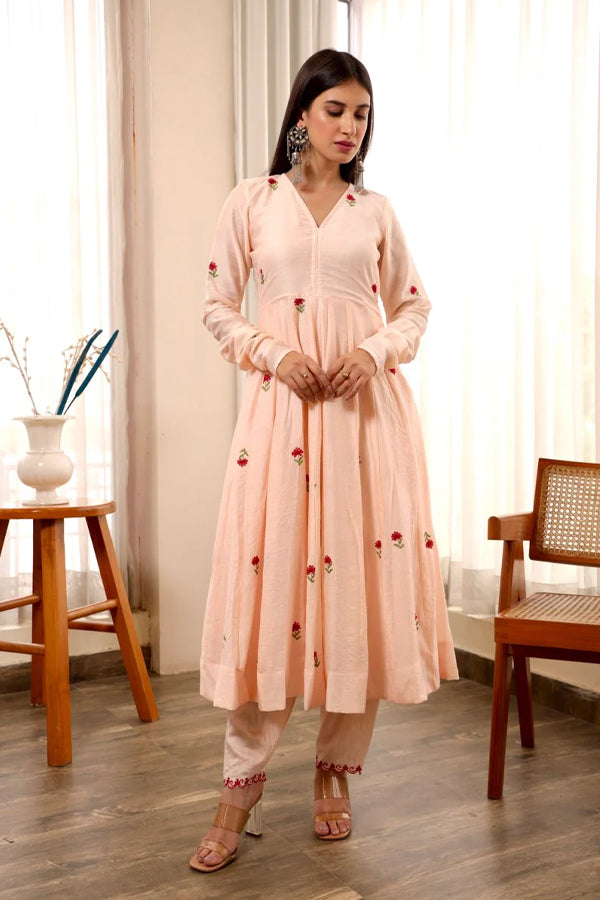 Chanderi peach embroidered anarkali set