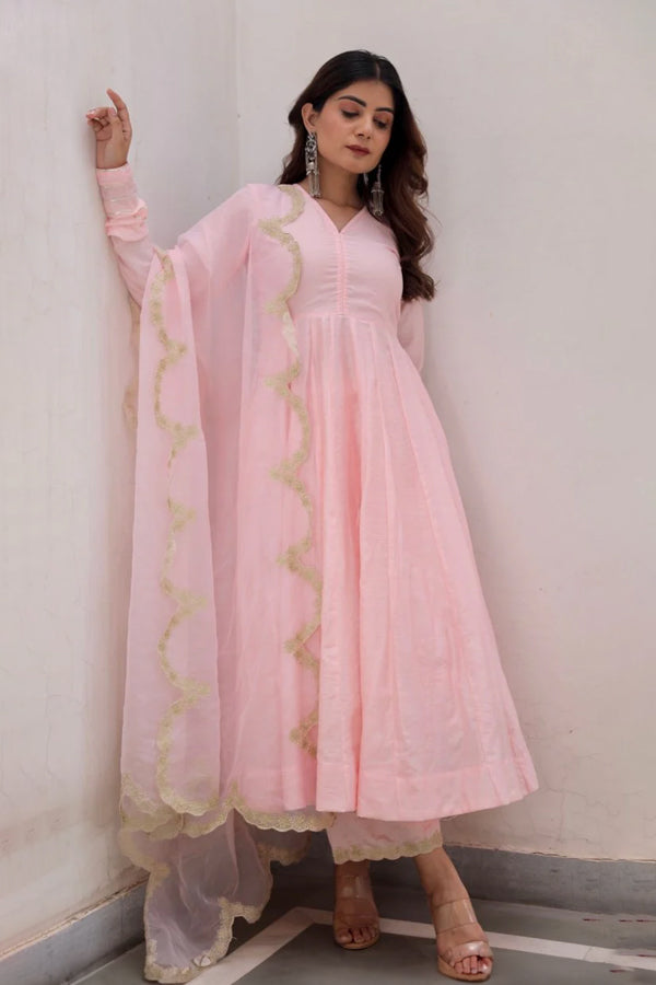 Pink Anarkali With Zari work organza dupatta