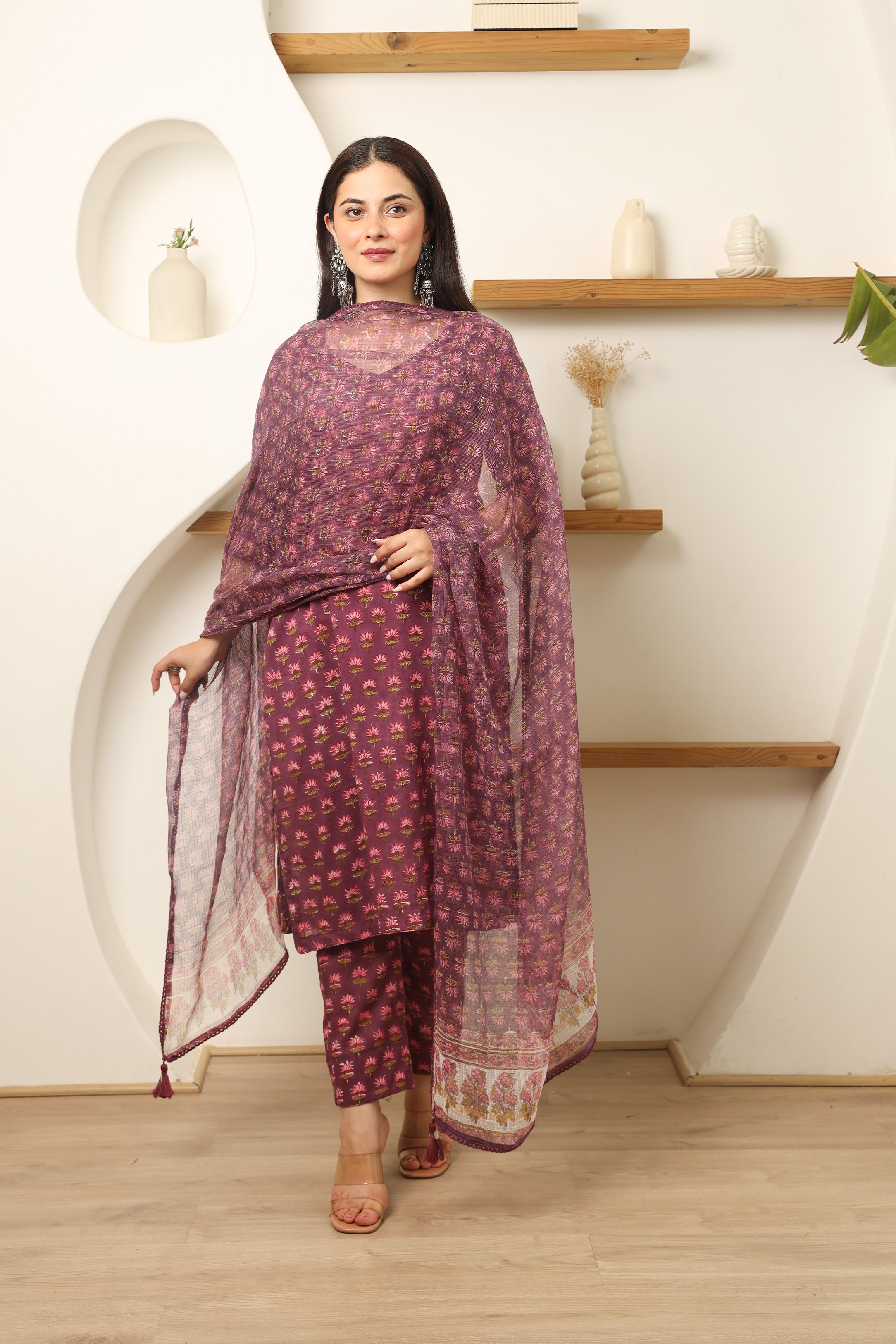 Plum Flowery Cotton Handblock Print Suit Set Asrumo