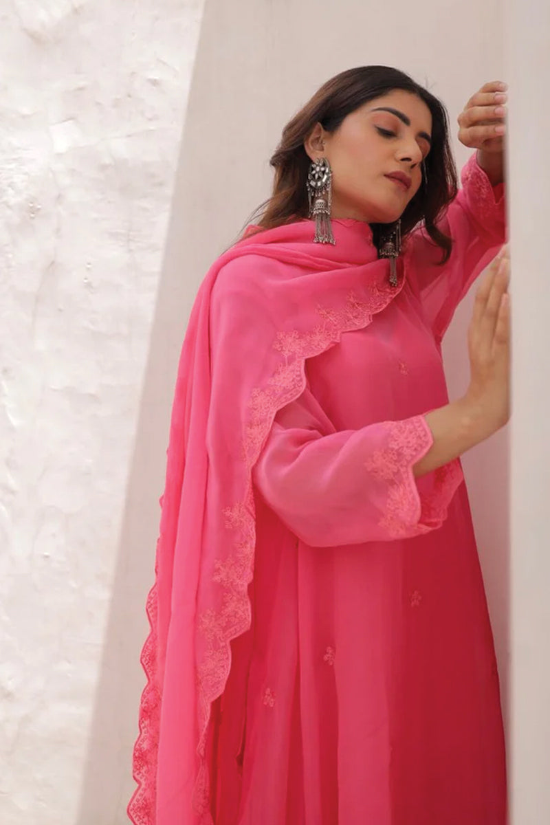 Pink hand Aari embroidery viscose organza set