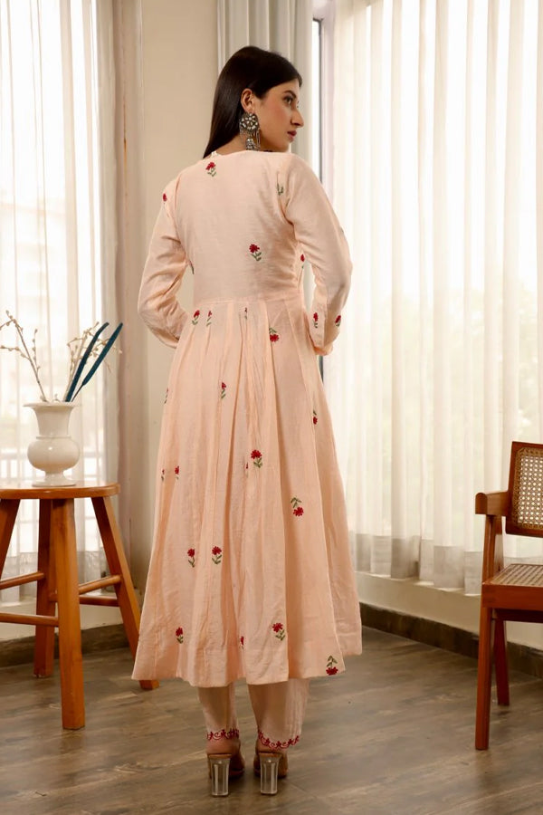 Chanderi peach embroidered anarkali set