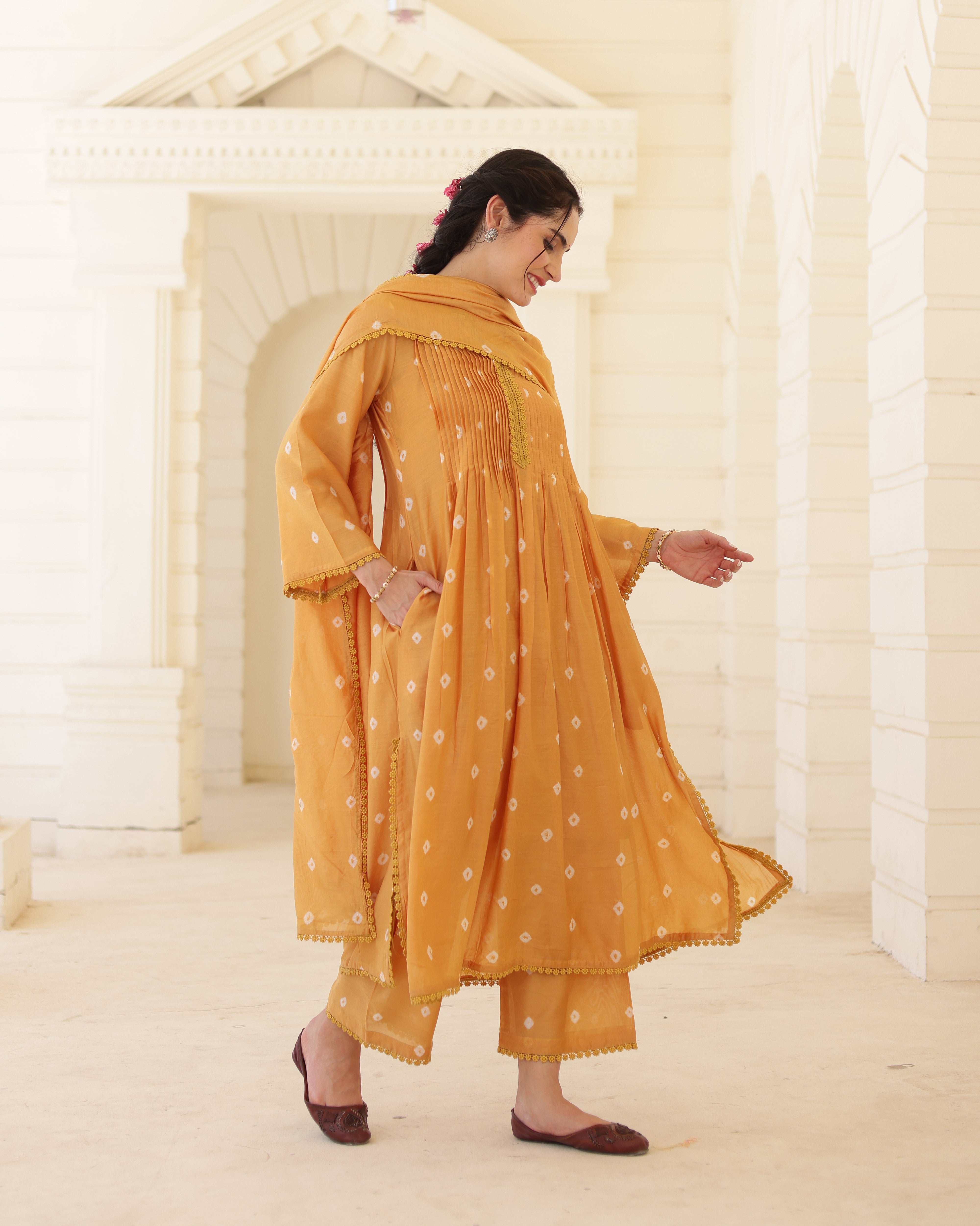 Solara Mustard Yellow Chanderi Hand Bandhej Suit Set with Dupatta