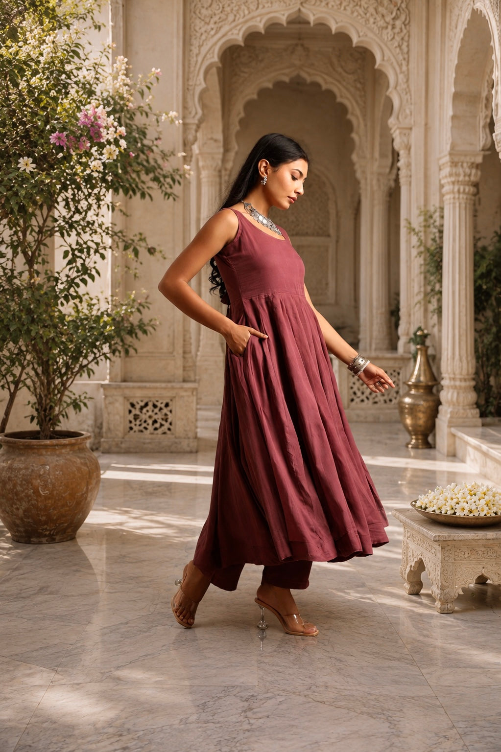 Mauve Mulmul Anarkali Set With Taari And Zari Embroidred Doriya Dupatta