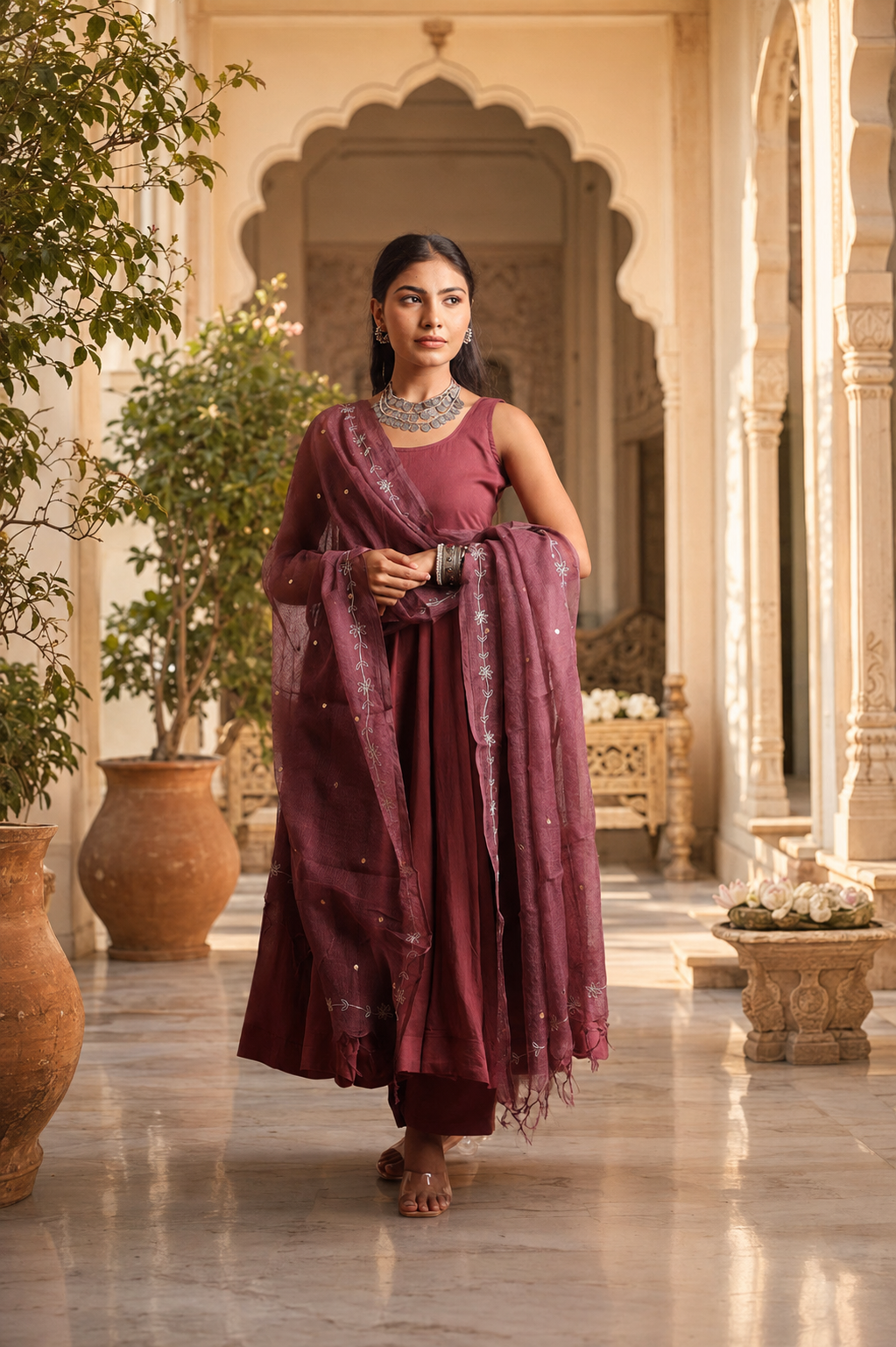Mauve Mulmul Anarkali Set With Taari And Zari Embroidred Doriya Dupatta
