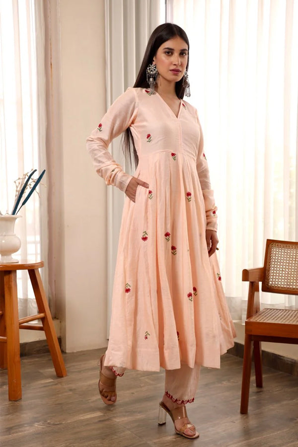 Chanderi peach embroidered anarkali set