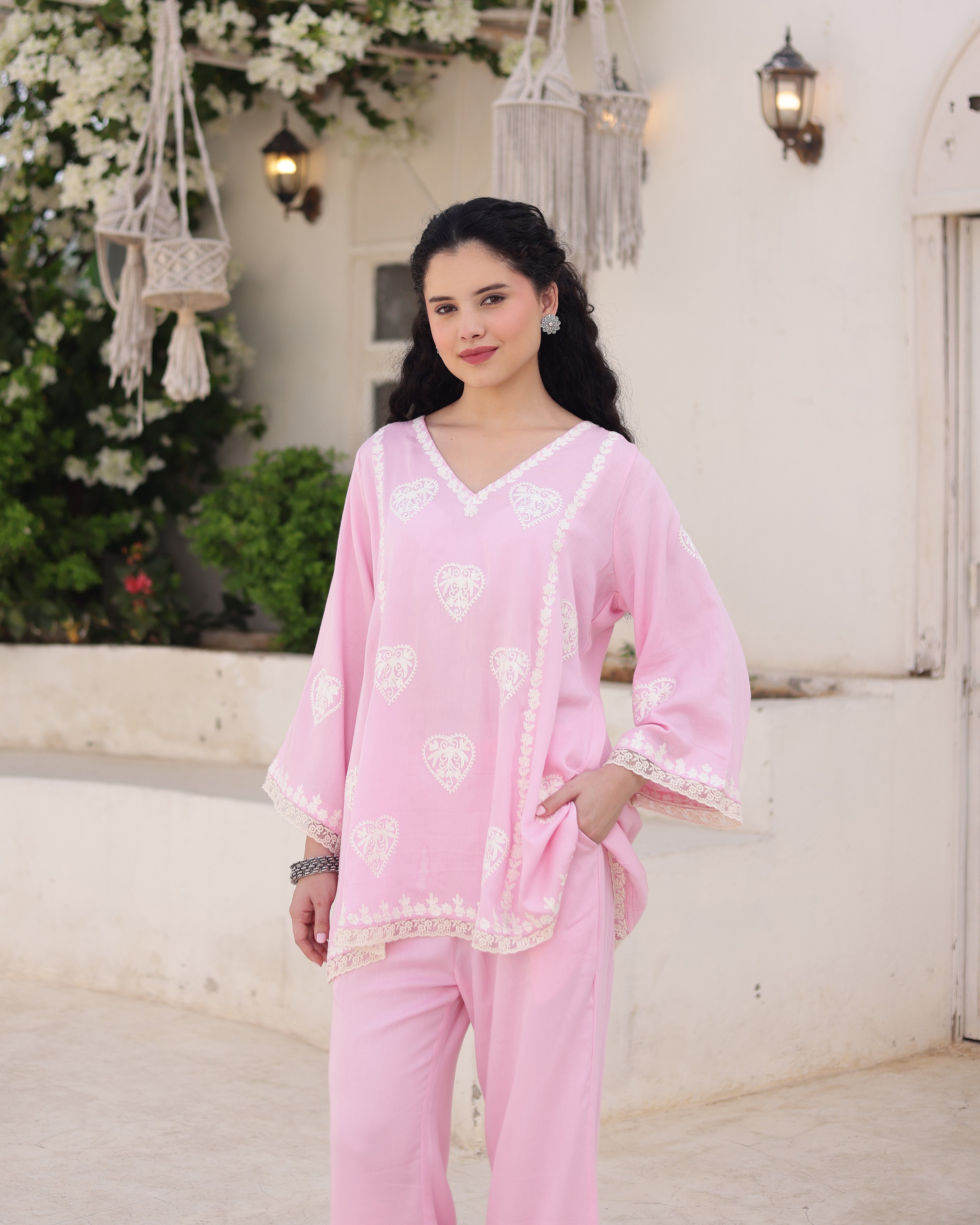 Gulzaar Blush Pink Cotton Satin Aari Embroidered Kurta Palazzo Set