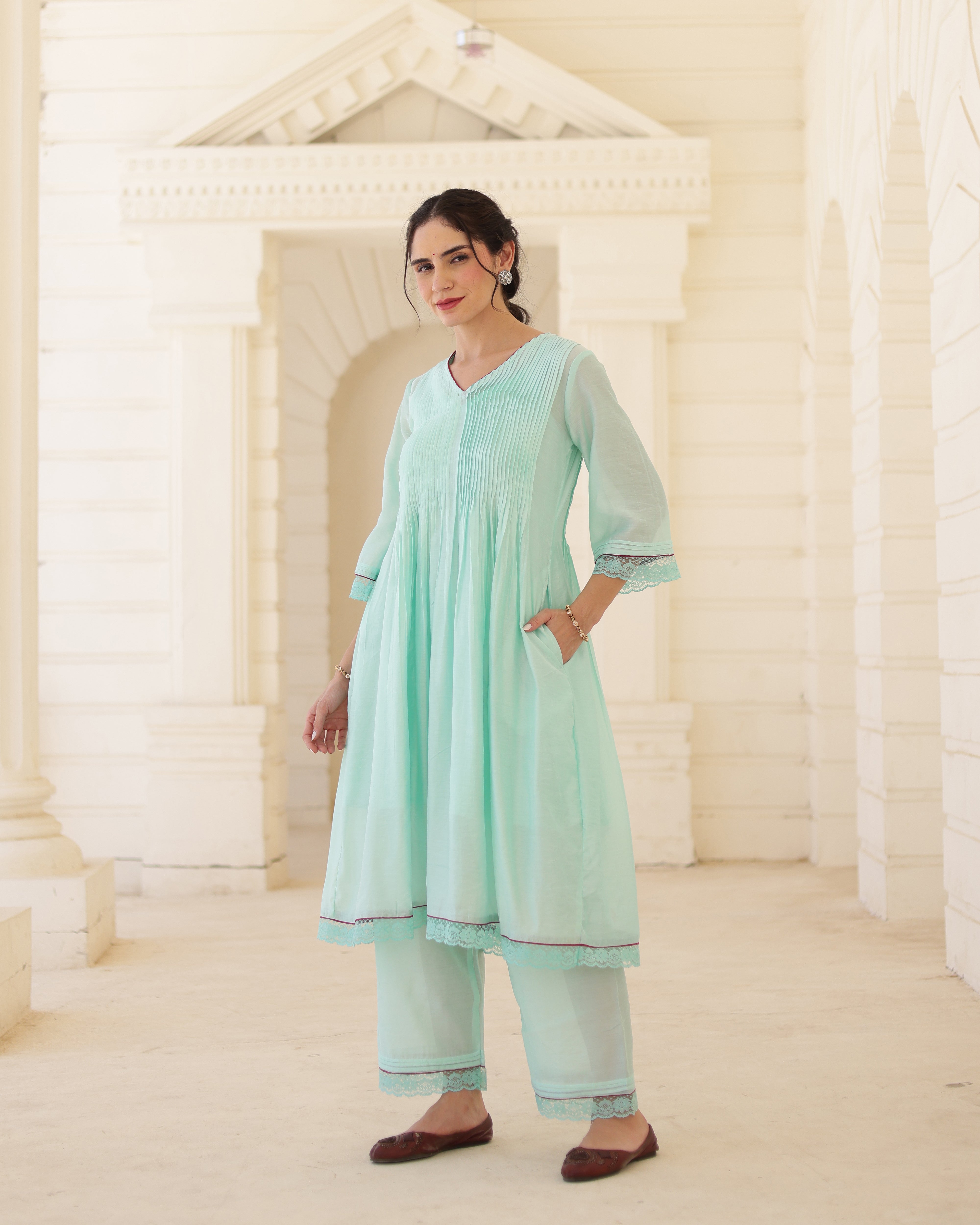 Floris Mint Chanderi Aari Embroidered Kurta Palazzo Set with Floral Dupatta