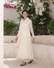 Ivory Noor Cotton Mulmul Anarkali Suit Set with Taari Work Dupatta
