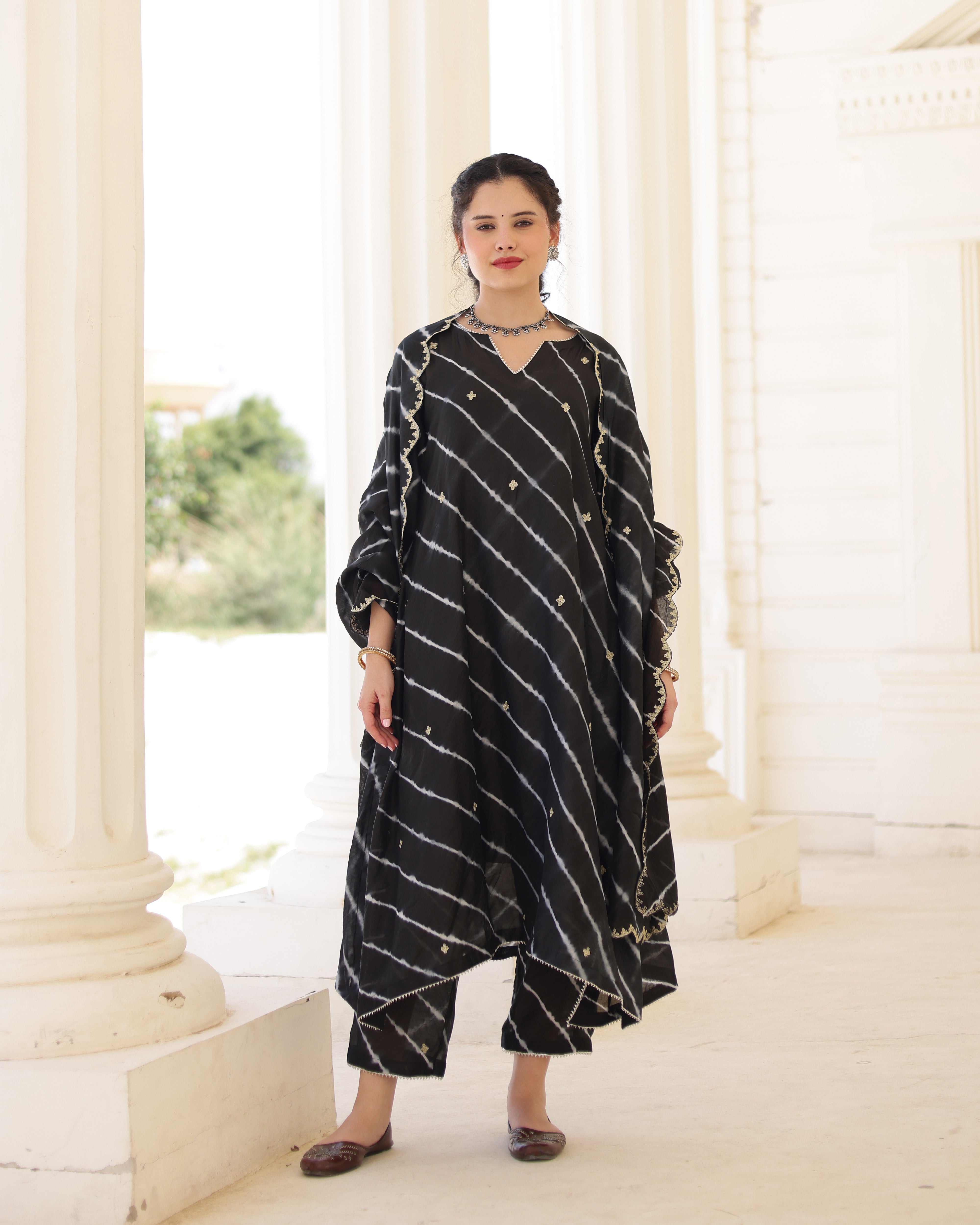Nero Black Chanderi Hand Dyed Leheriya Kurta Set with Zari Aari Embroidery