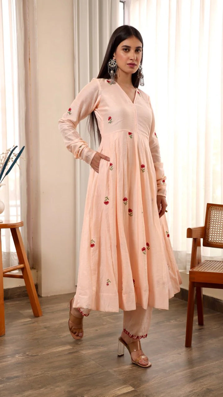 Chanderi peach embroidered anarkali set