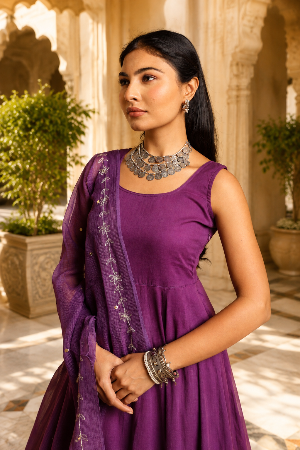 Voilet Mulmul Anarkali Set With Taari And Zari Embroidred Doriya Dupatta