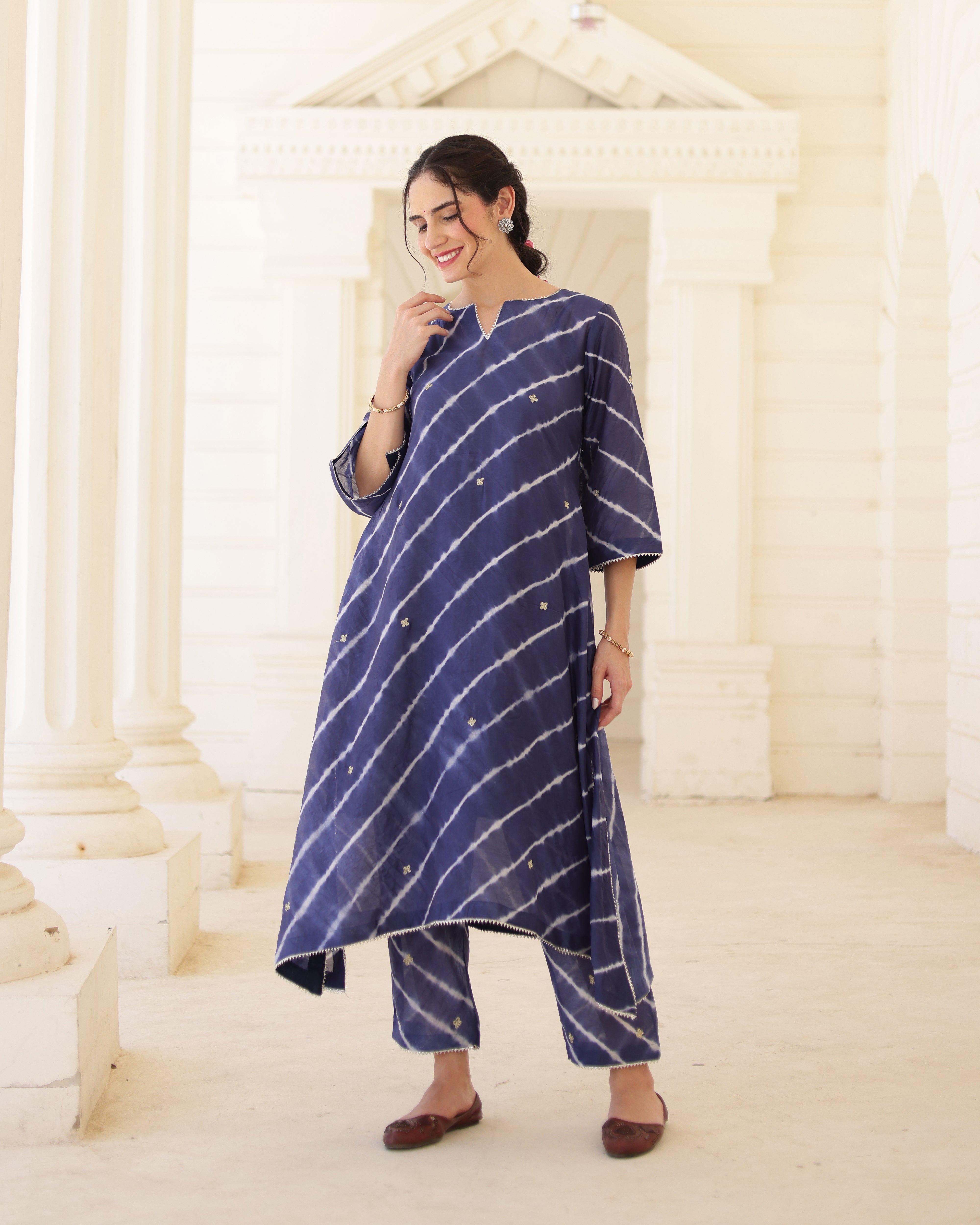 Indigoire Royal blue Chanderi Hand Dyed Leheriya Kurta Set with Zari Aari Embroidery